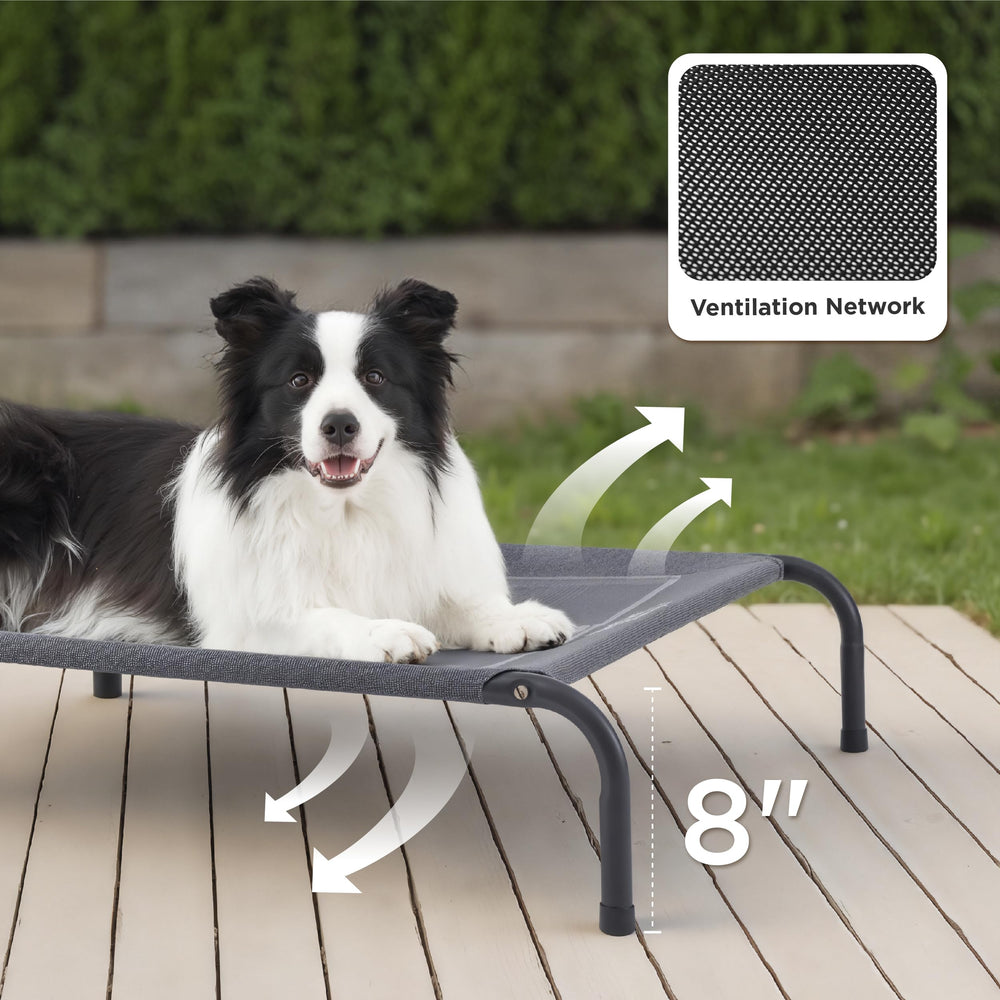 Bedsure cama para perro malla transpirable alta gris, mejora la ventilación durante el descanso.