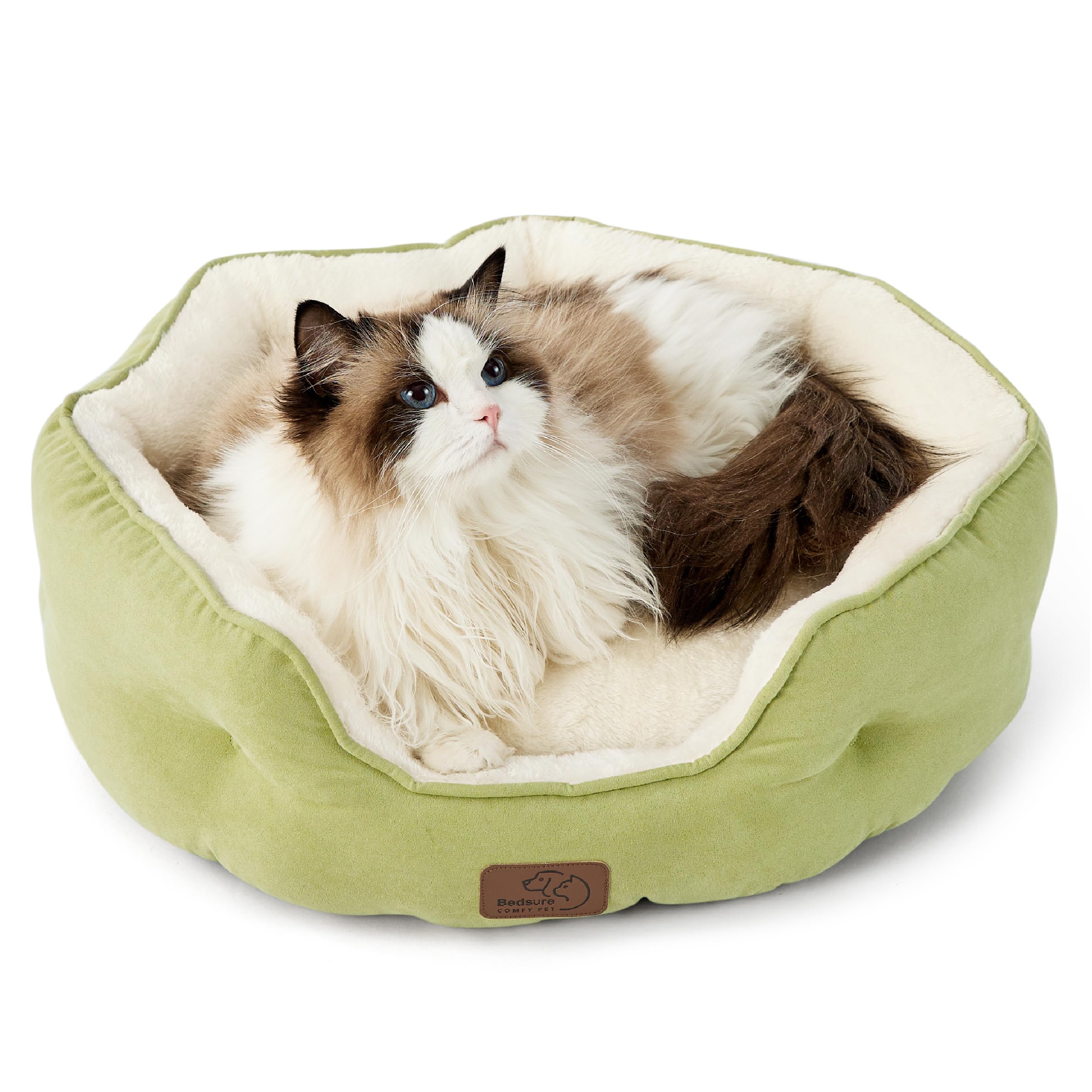 Bedsure cama para perro pequeño, vista general redonda en verde, descanso cómodo en casa.