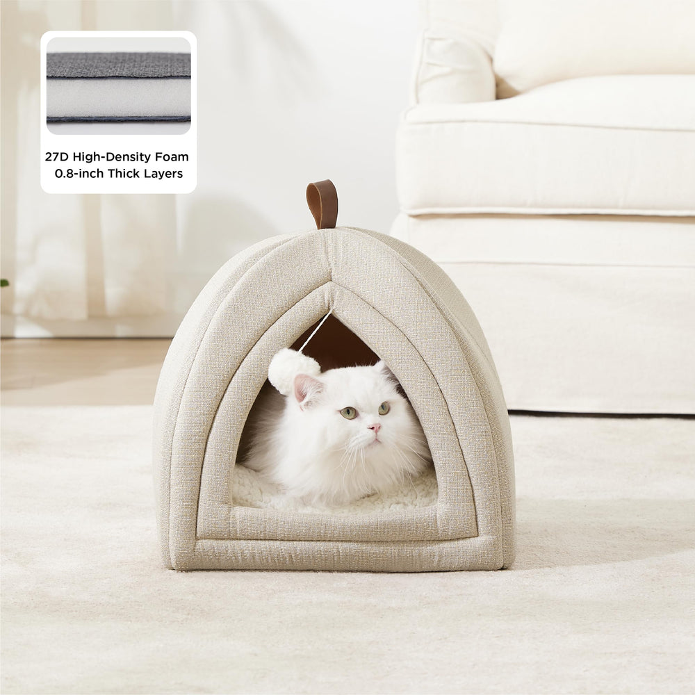 Bedsure cueva con exterior de lino suave, estilo y confort para tu gato.
