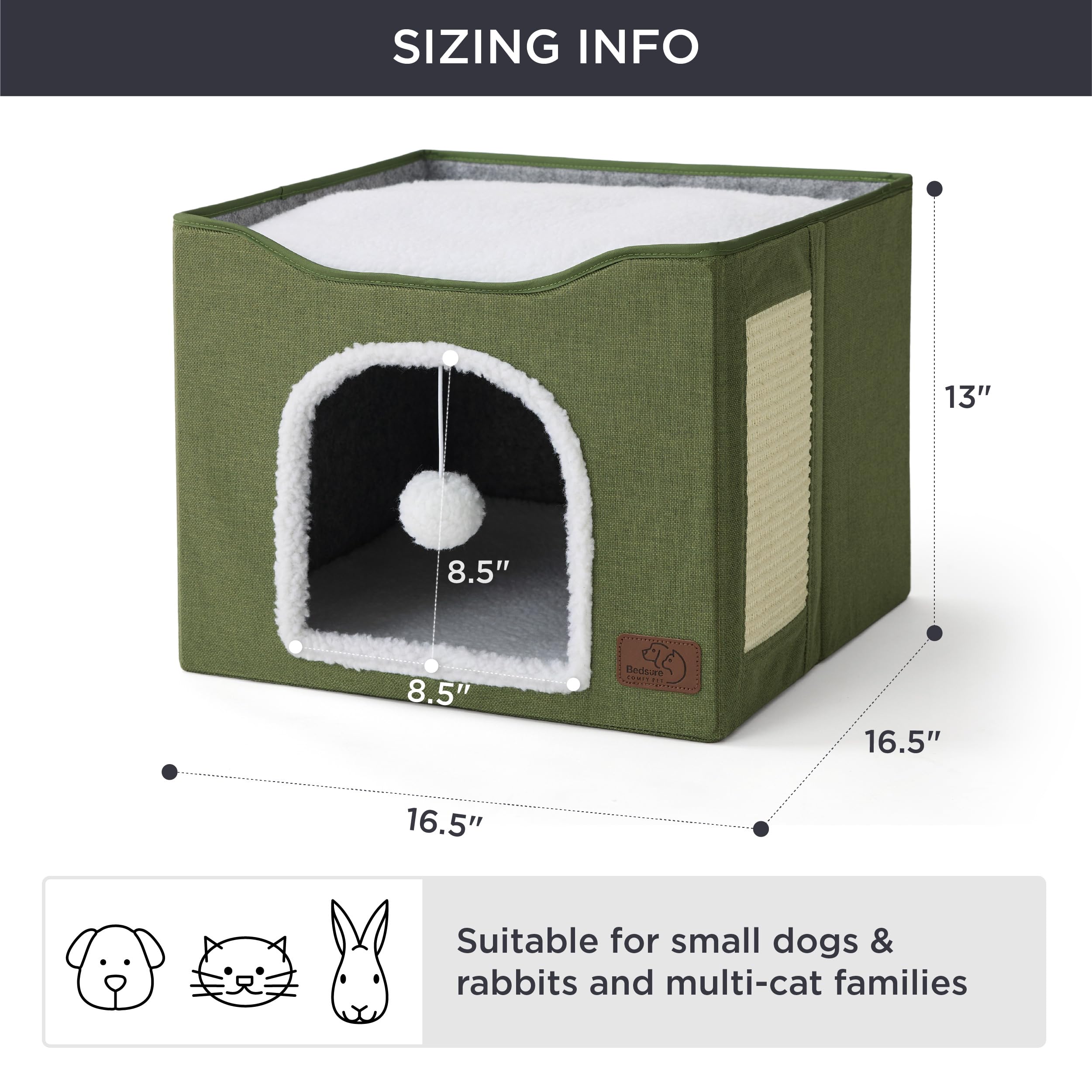 Bedsure cueva-gato con medidas 42x42x33 cm para espacios pequeños.
