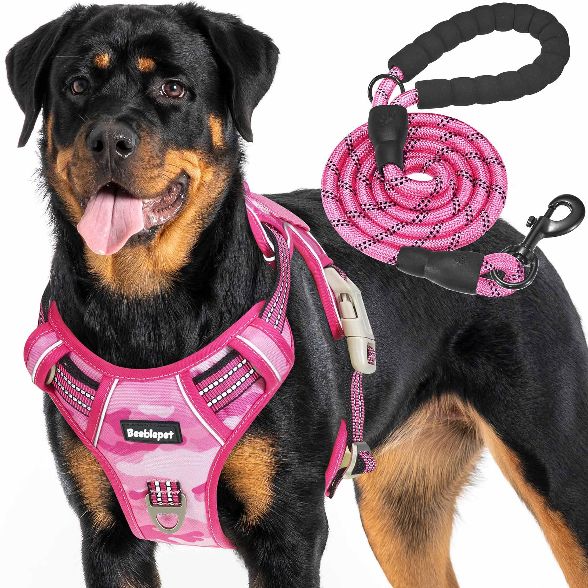 Beebiepet arnés táctico para perro grande, rosa camuflaje, vista frontal, cómodo y seguro para paseos
