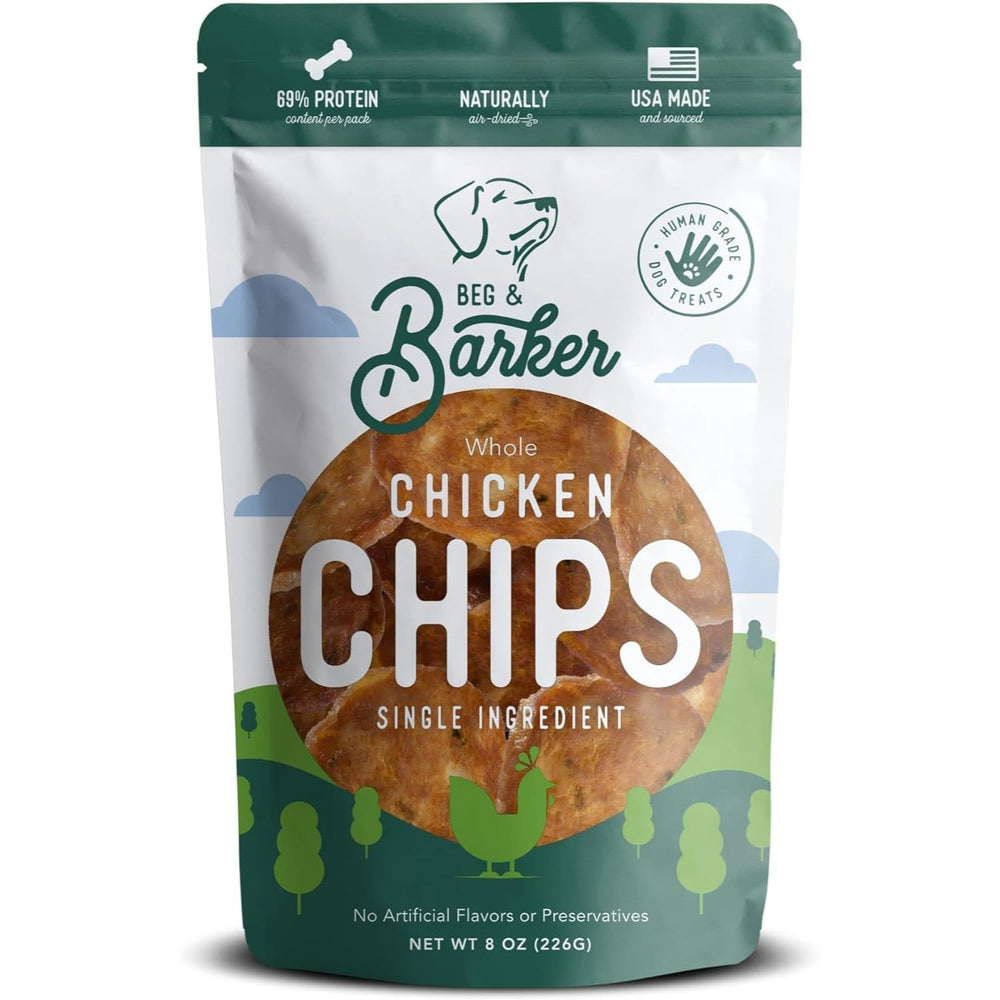 Chips de pollo Beg & Barker en envase, snack natural para perros