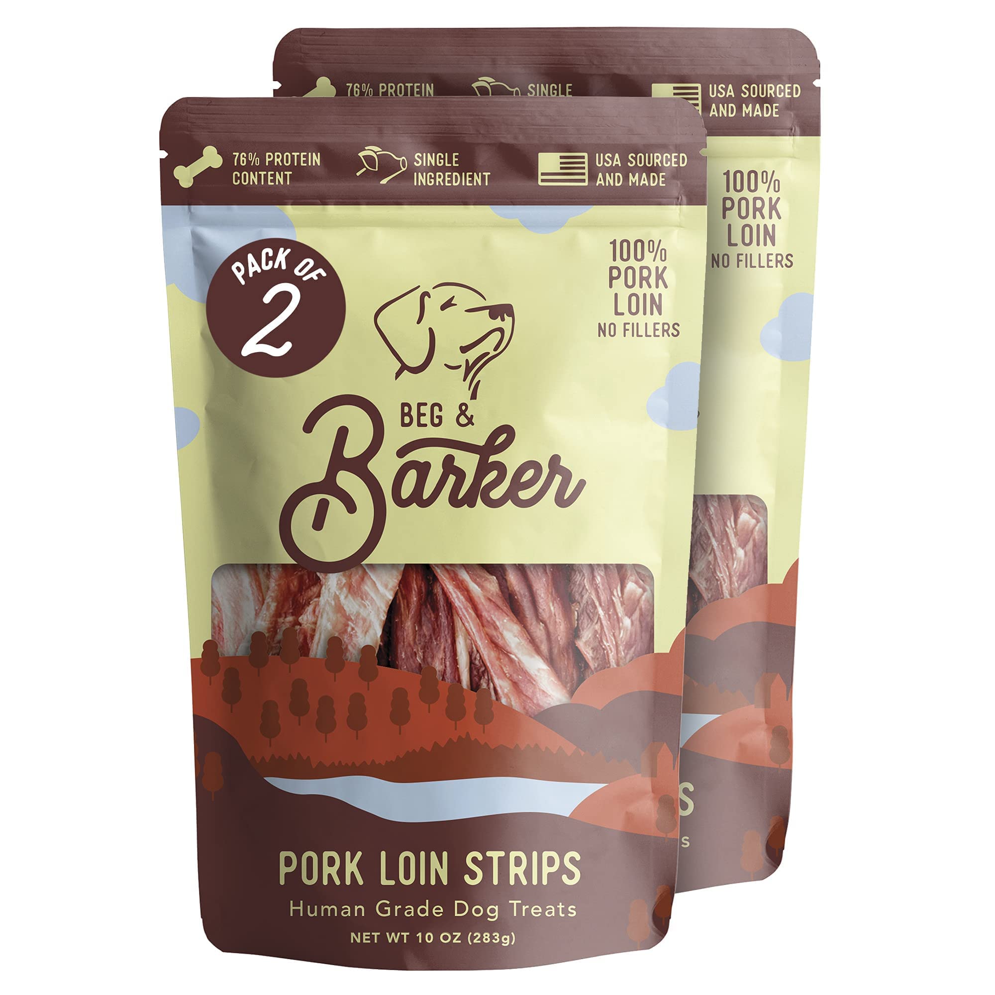 Jerky Beg & Barker de cerdo para perros en empaque, snack rico en proteína.