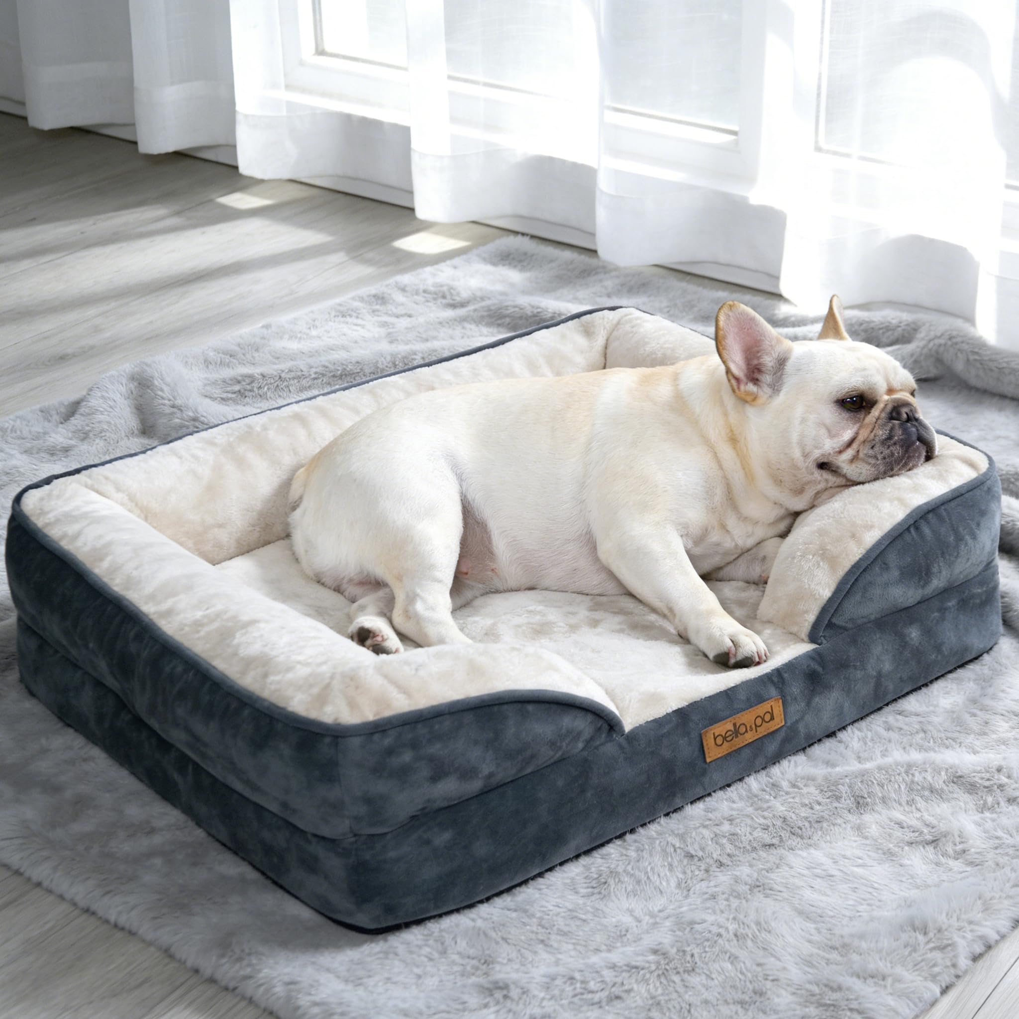 BELLA & PAL cama ortopédica para perros gris, soporte suave para articulaciones.