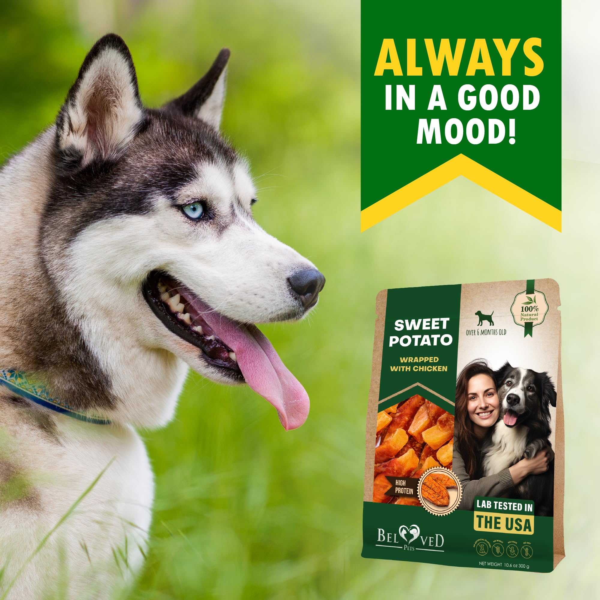 Friandise Beloved Pets délice patate douce poulet, snack polyvalent et délicieux.