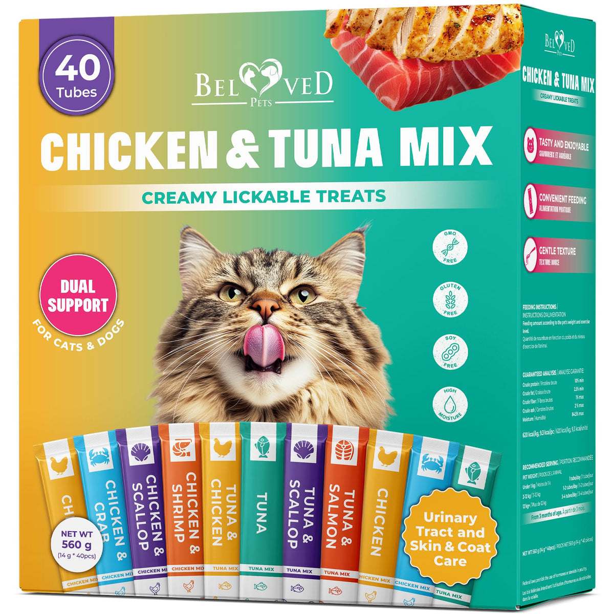 Beloved Pets, tratamiento cremoso para gatos, textura yogur para lamido suave.