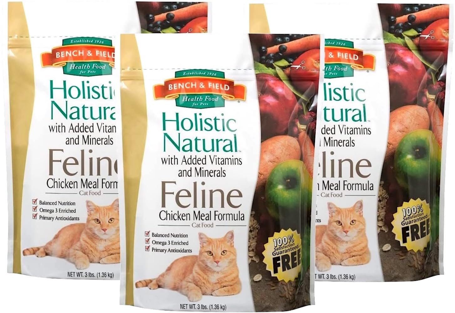 Bench & Field bolsa frontal de alimento seco para gatos con pollo y arroz integral, dieta equilibrada.