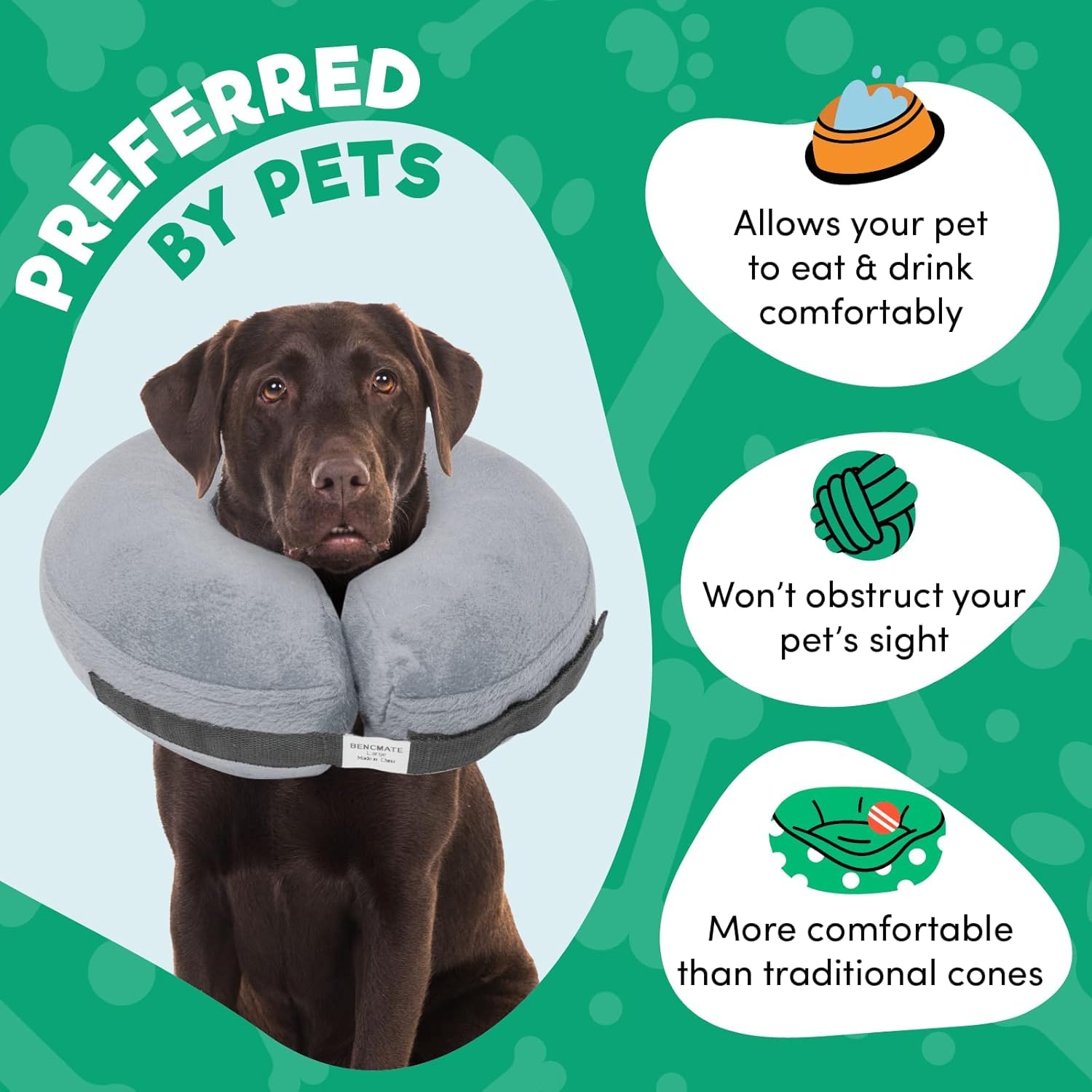 Collar inflable de Bencmate, ajuste cómodo y seguro para perros y gatos.