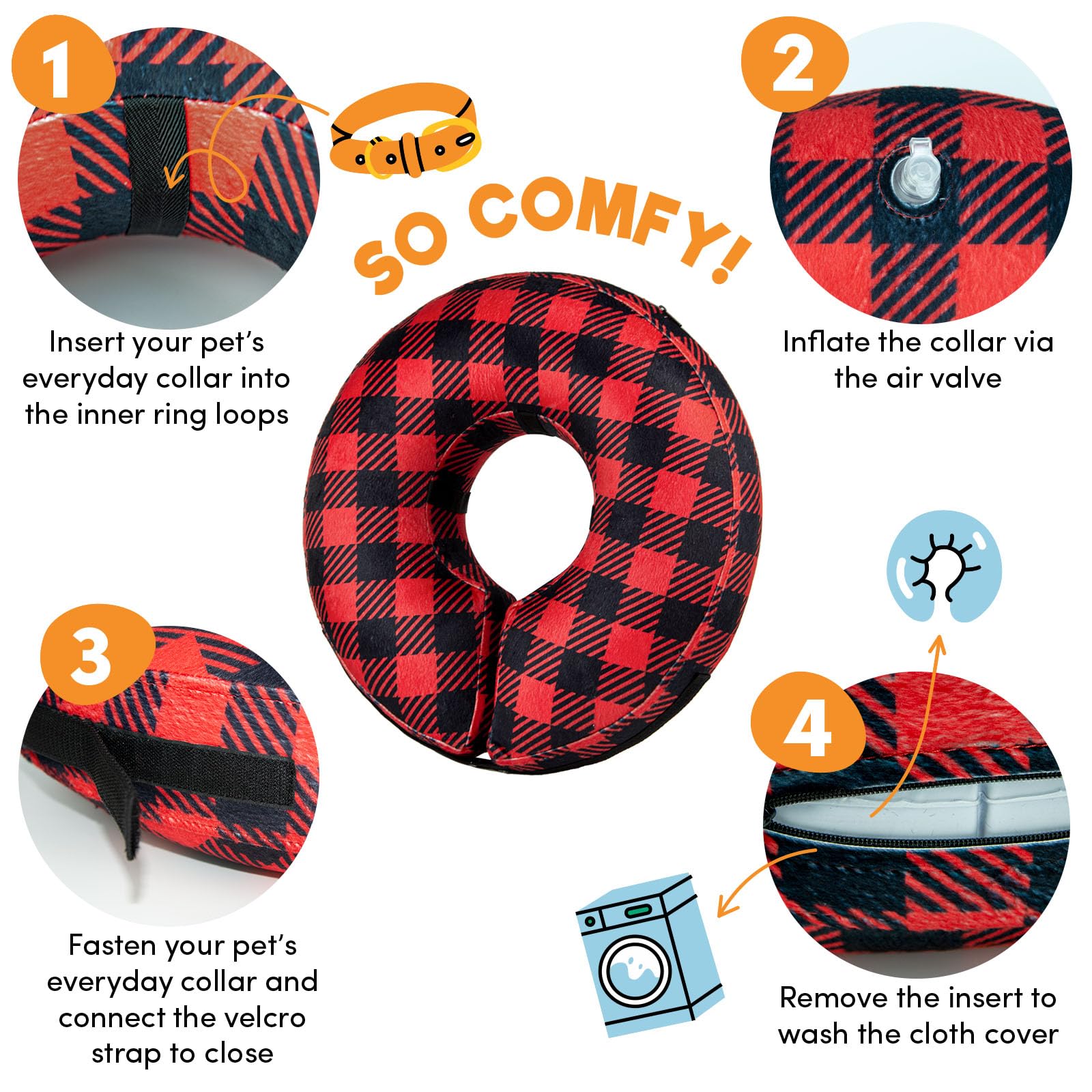 BENCMATE collar inflable para perro mediano con cuadros, visión clara y tranquilidad.