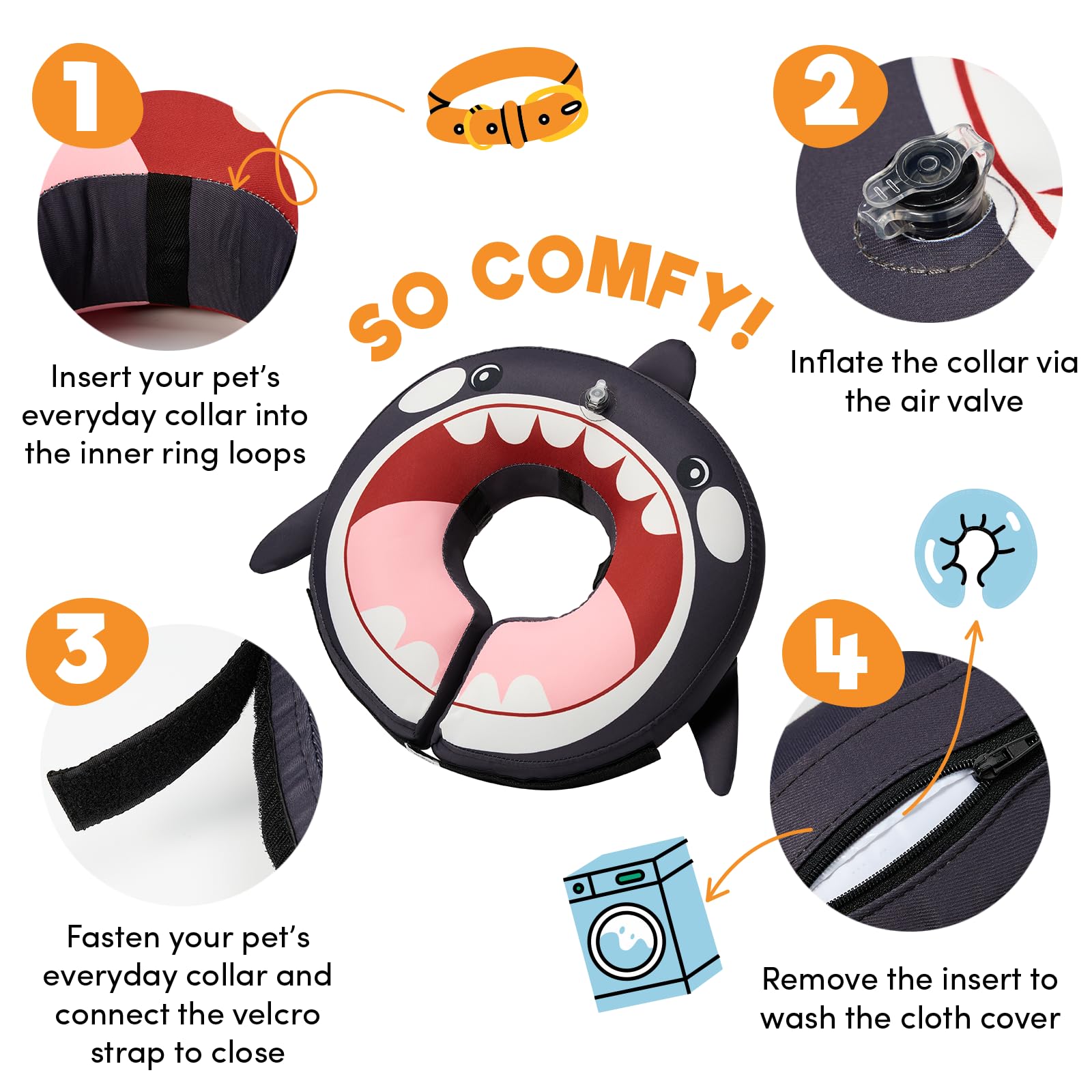 BENCMATE cono inflable para perro Orca grande, vista lateral, ajuste seguro.