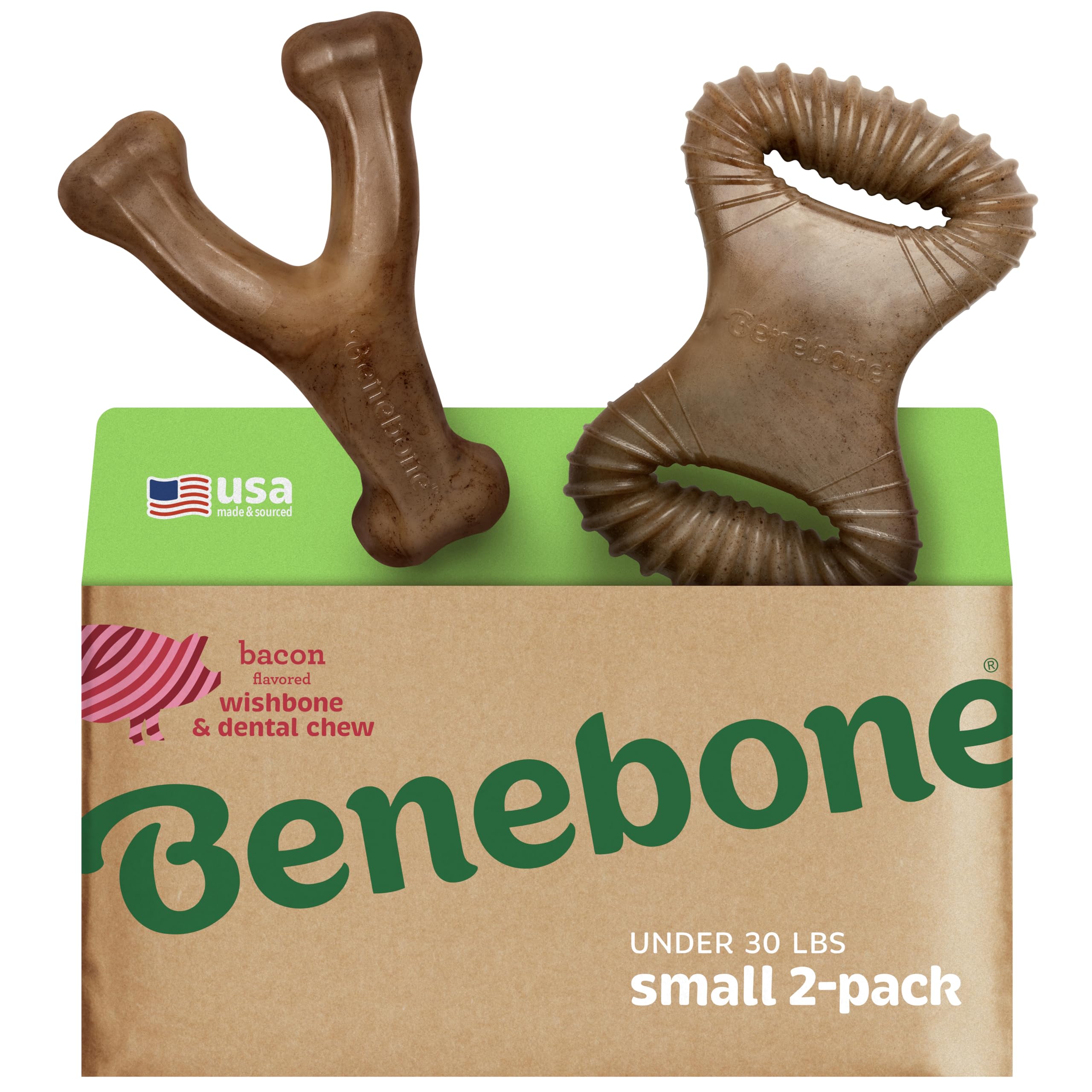 Benebone, dos formas, diseño Wishbone y Dental, para masticación larga y estimulante.