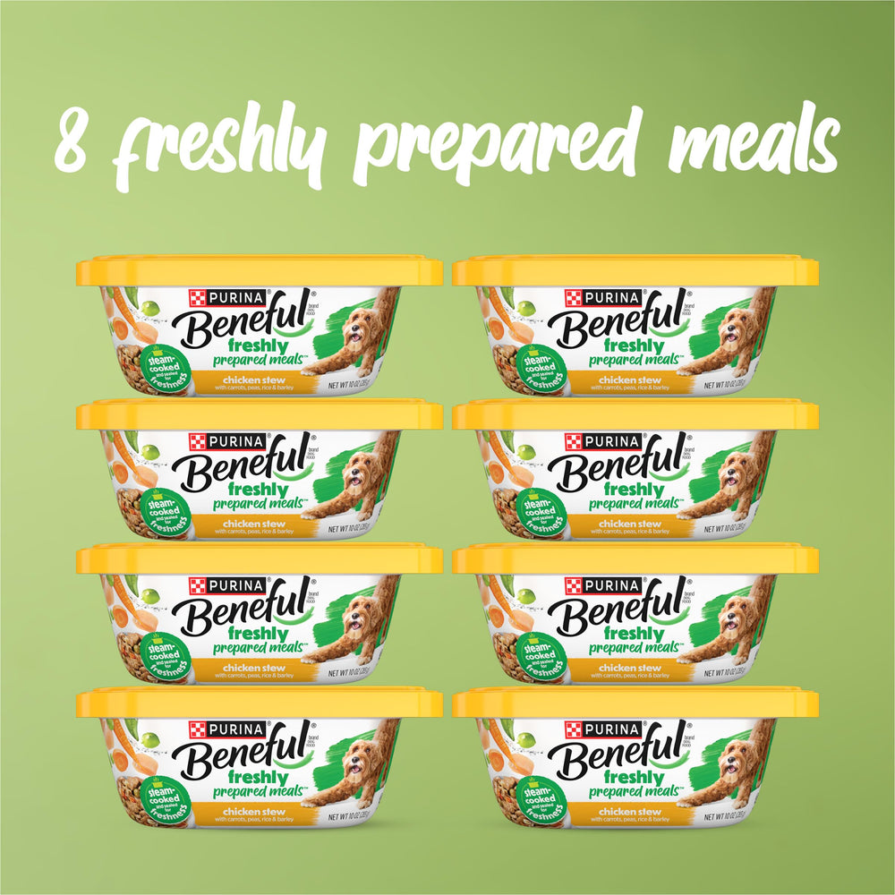 Beneful estofado de pollo con arroz y cebada: ingredientes reales visibles.