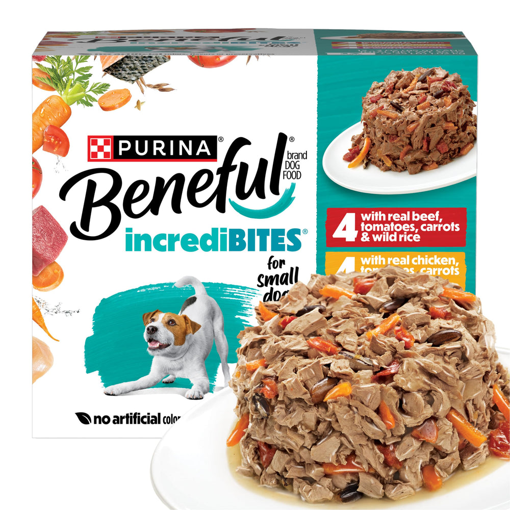 Beneful IncrediBites para razas pequeñas con carne real y salsa, apoya músculos fuertes.