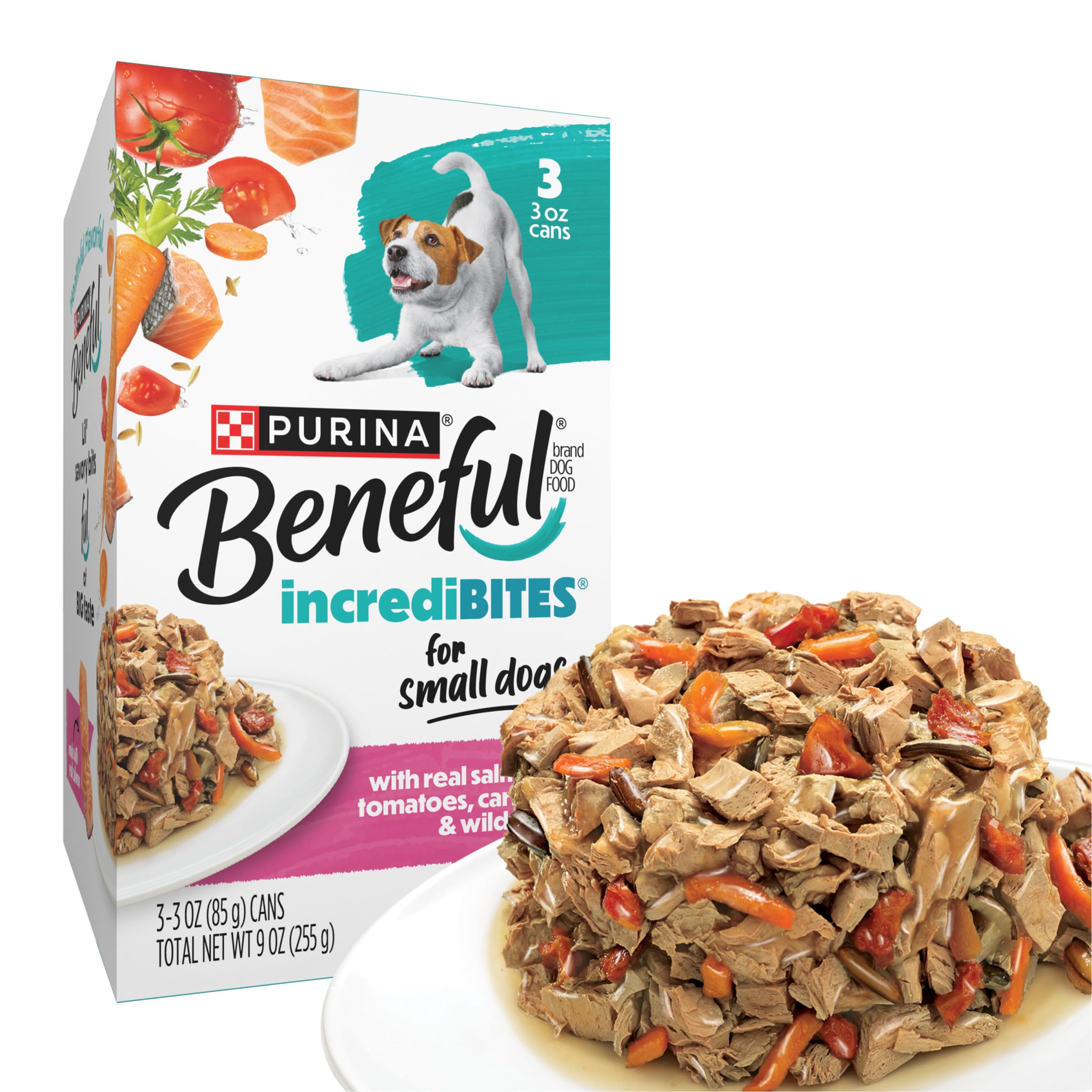 Beneful para pequeñas razas con salmón real, trozos visibles en la lata.