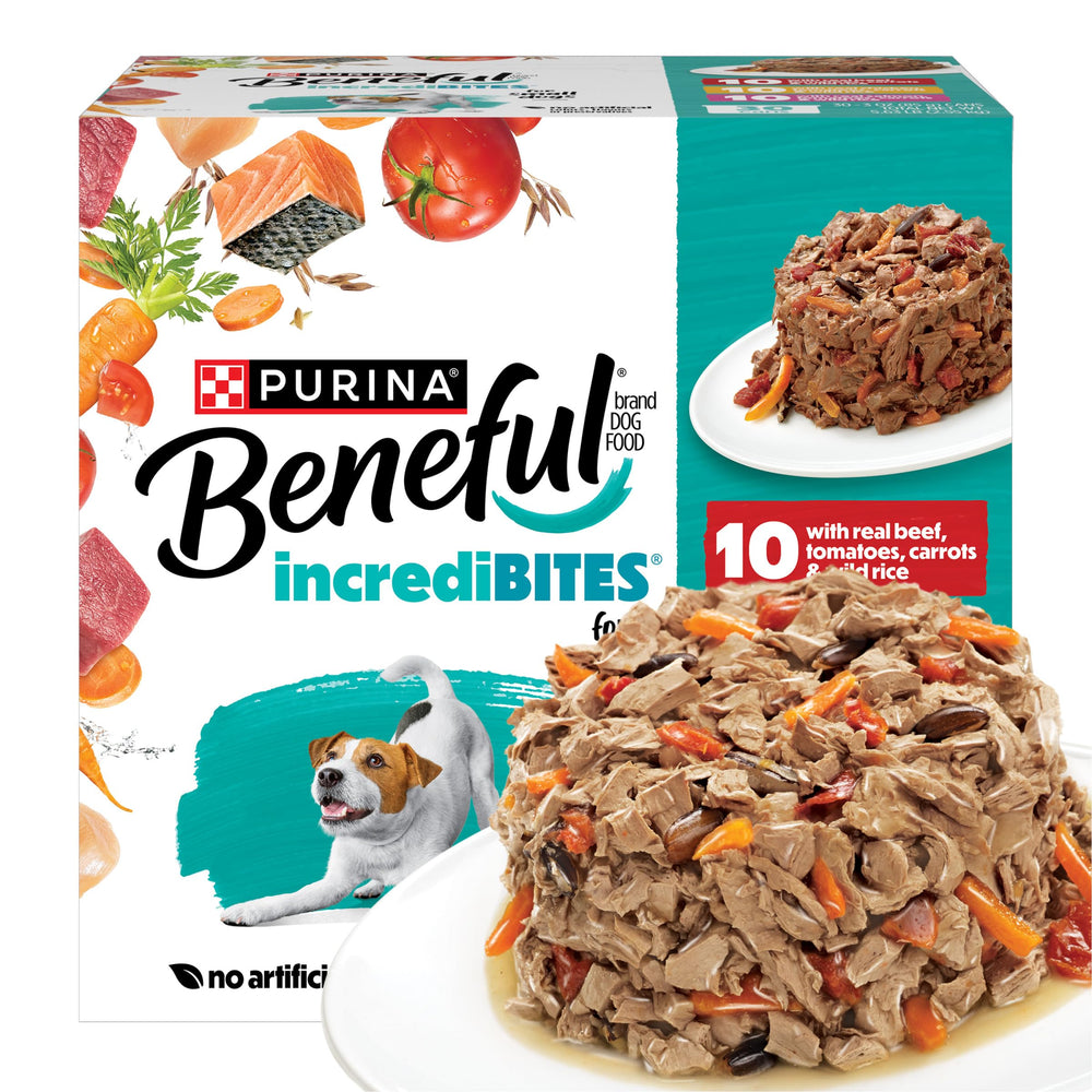 Beneful para razas pequeñas con carne real en lata 3 onzas, res, pollo y salmón.