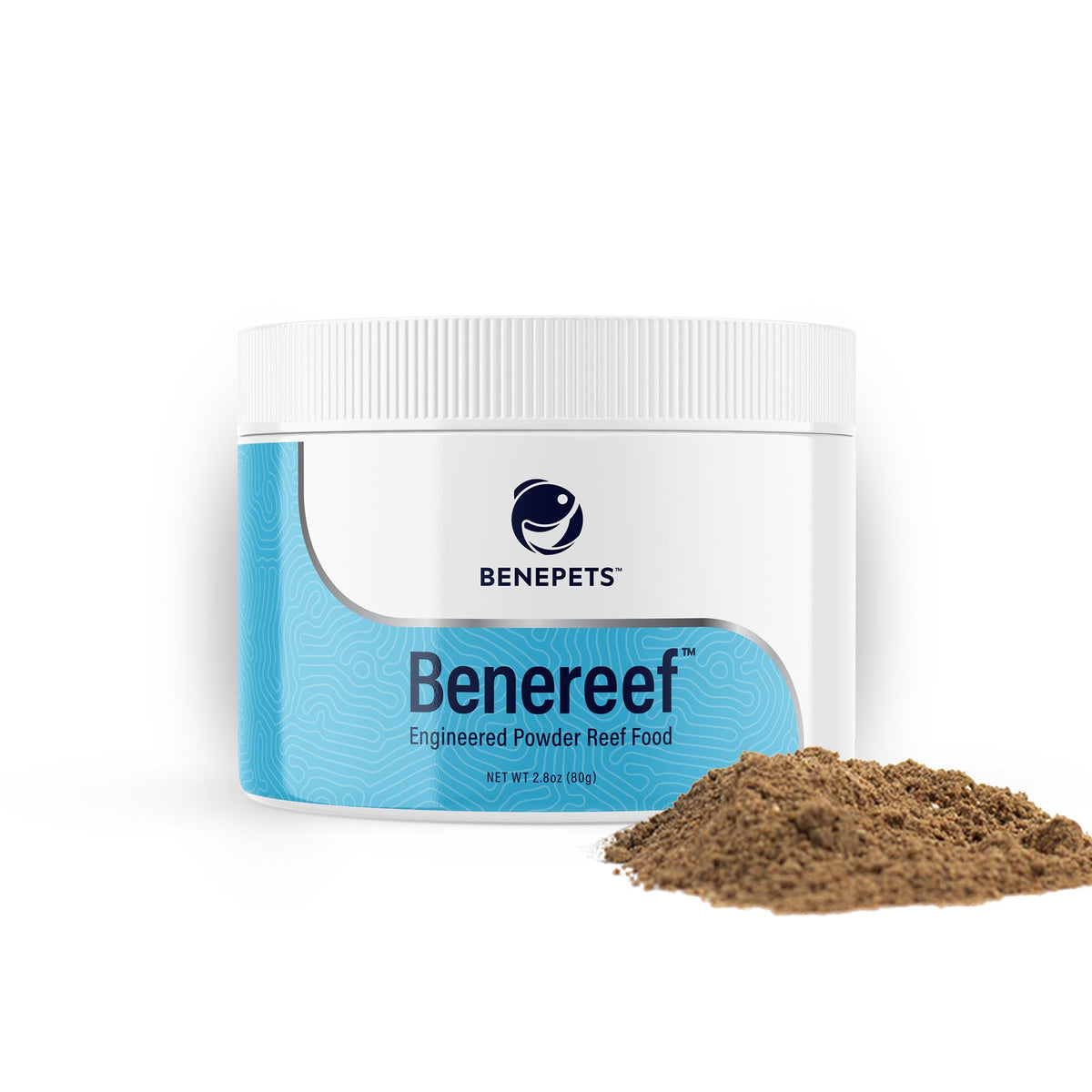 Benereef polvo nutrición arrecife, textura granular ideal para corales.