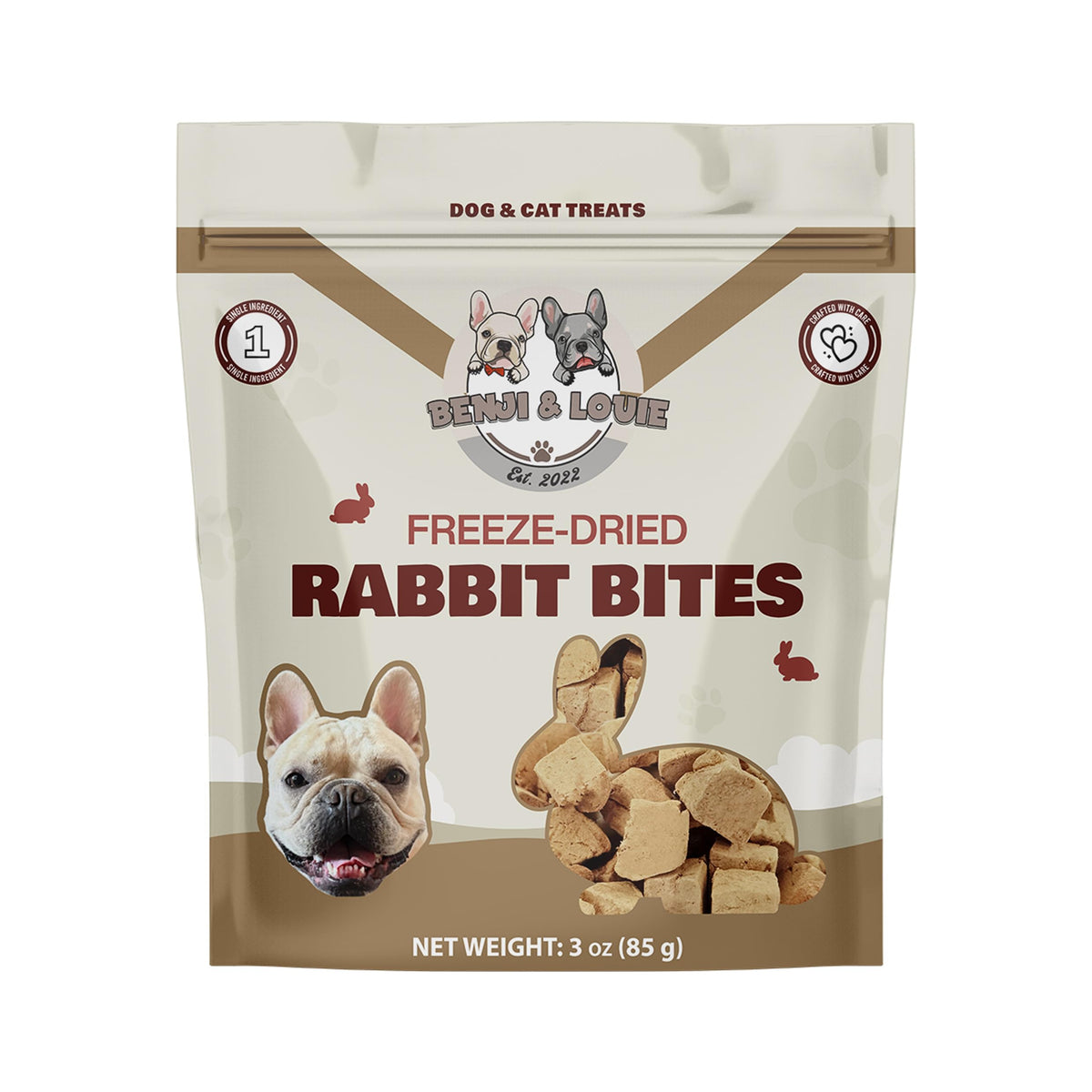 Bocados de conejo liofilizados de Benji & Louie en paquete de 85 g para perros y gatos.