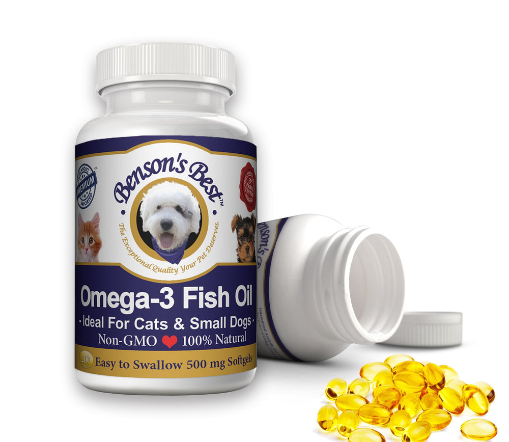 Benson's Best Omega-3 para mascotas, frasco frente; posible apoyo al pelaje y piel sana.