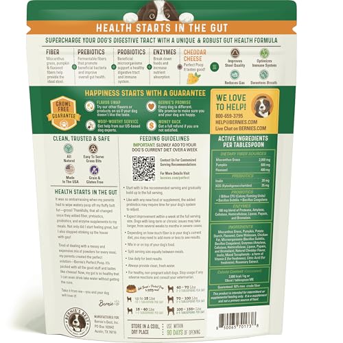 Etiqueta nutricional de Bernie's Perfect Poop para claridad de ingredientes