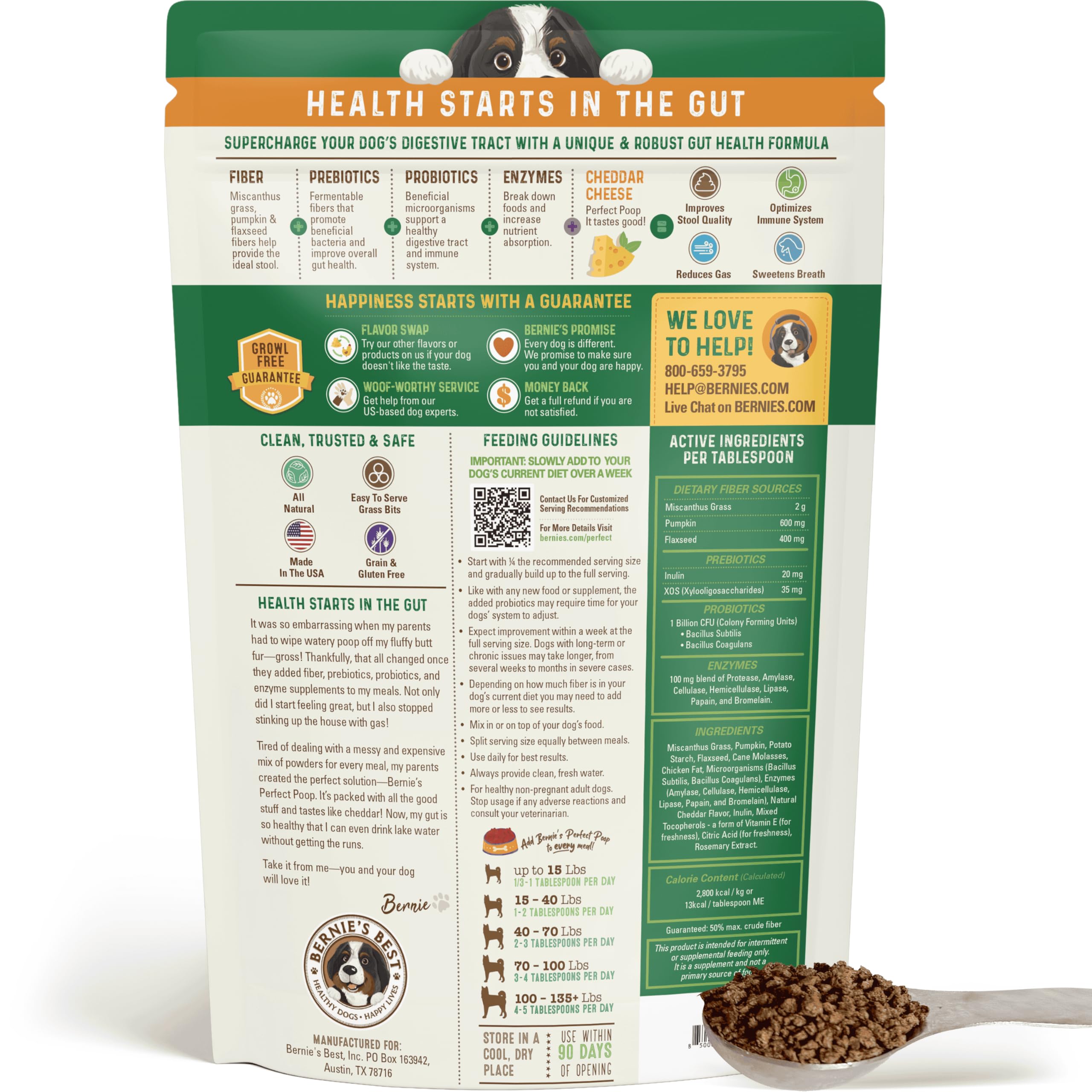 Bernie's perro saborea el producto como aderezo sabroso para su comida.