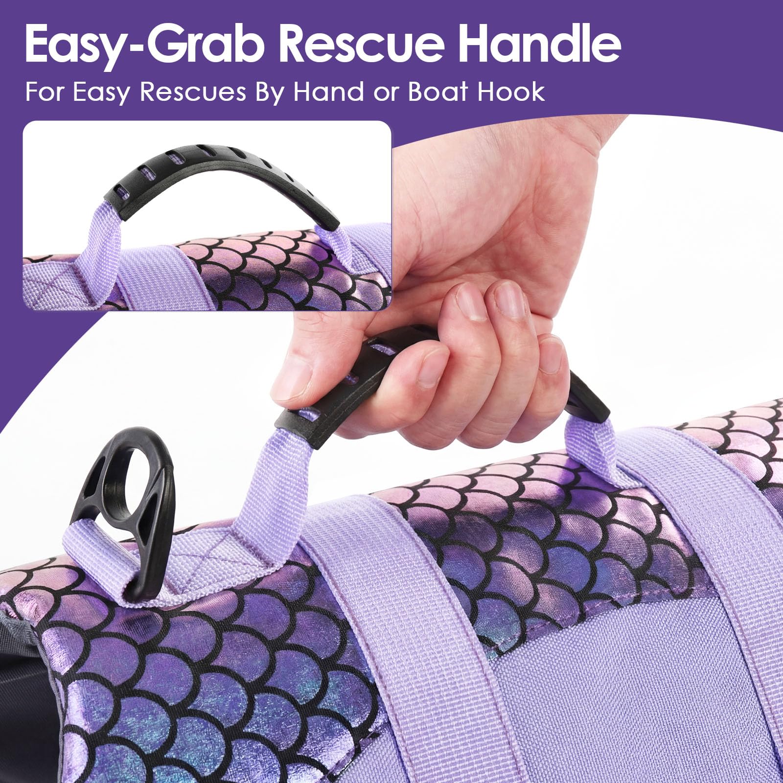 Chaleco Bess Bridal Sirena XL, vista trasera, asa de rescate para manejo seguro.