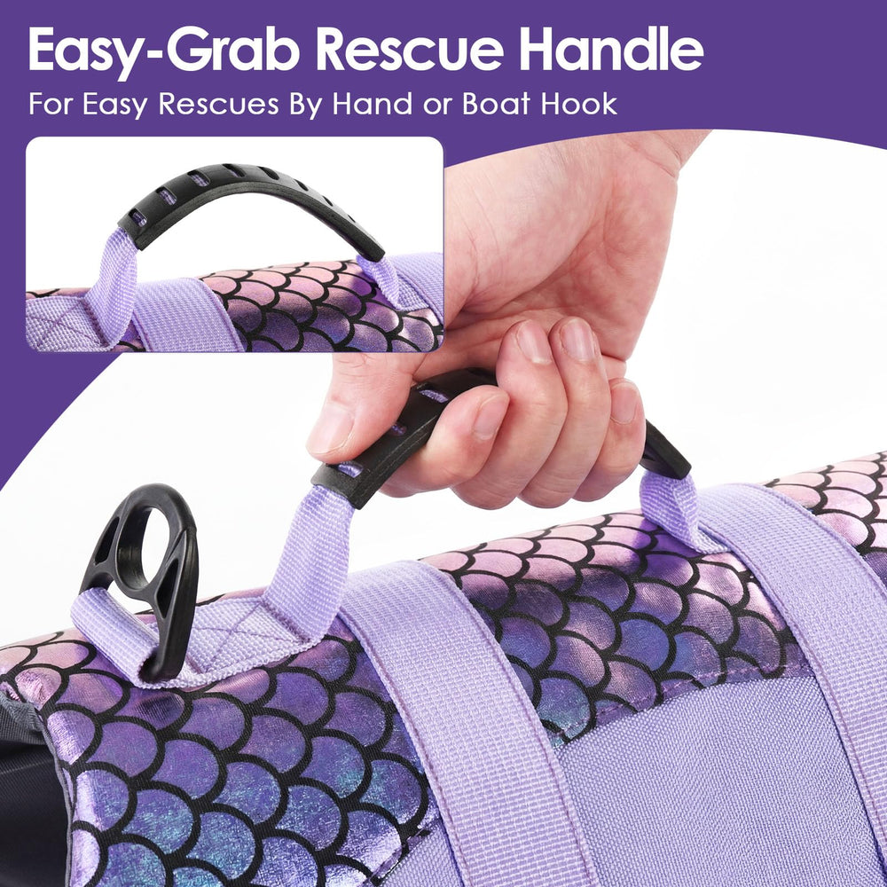 Chaleco Bess Bridal Sirena XL, vista trasera, asa de rescate para manejo seguro.