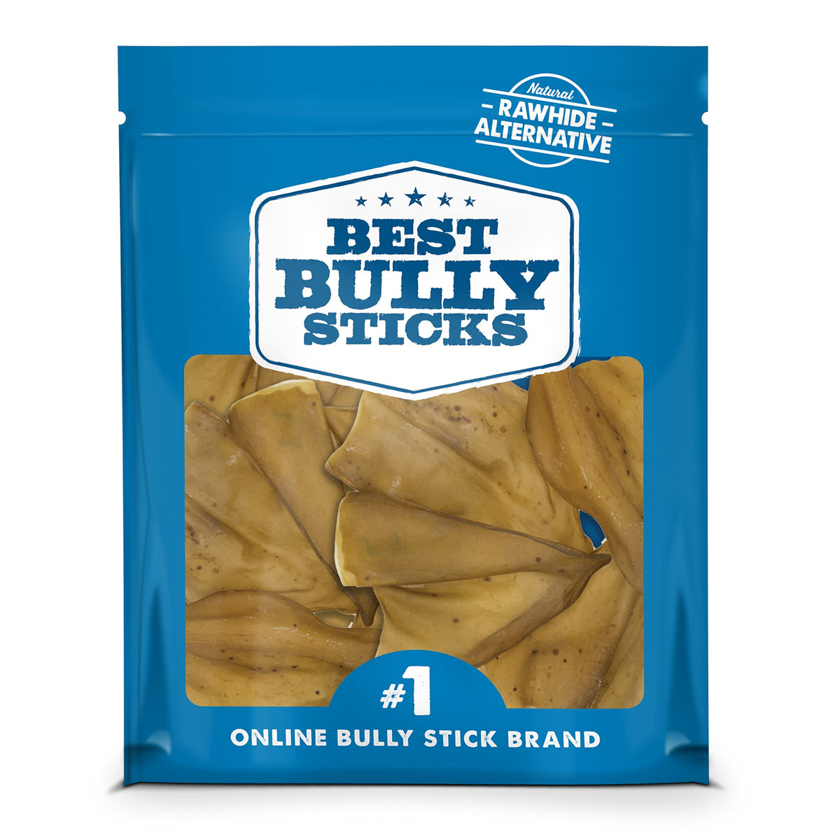Best Bully Sticks orejas de vaca para perros, empaque de 15 unidades, masticación duradera.