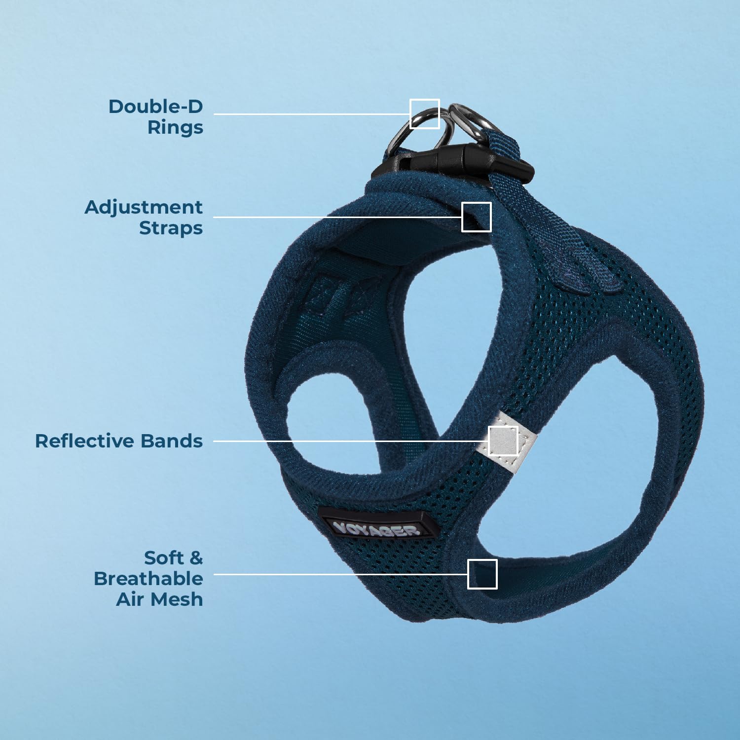 Arnés azul Voyager con cierre de velcro seguro.