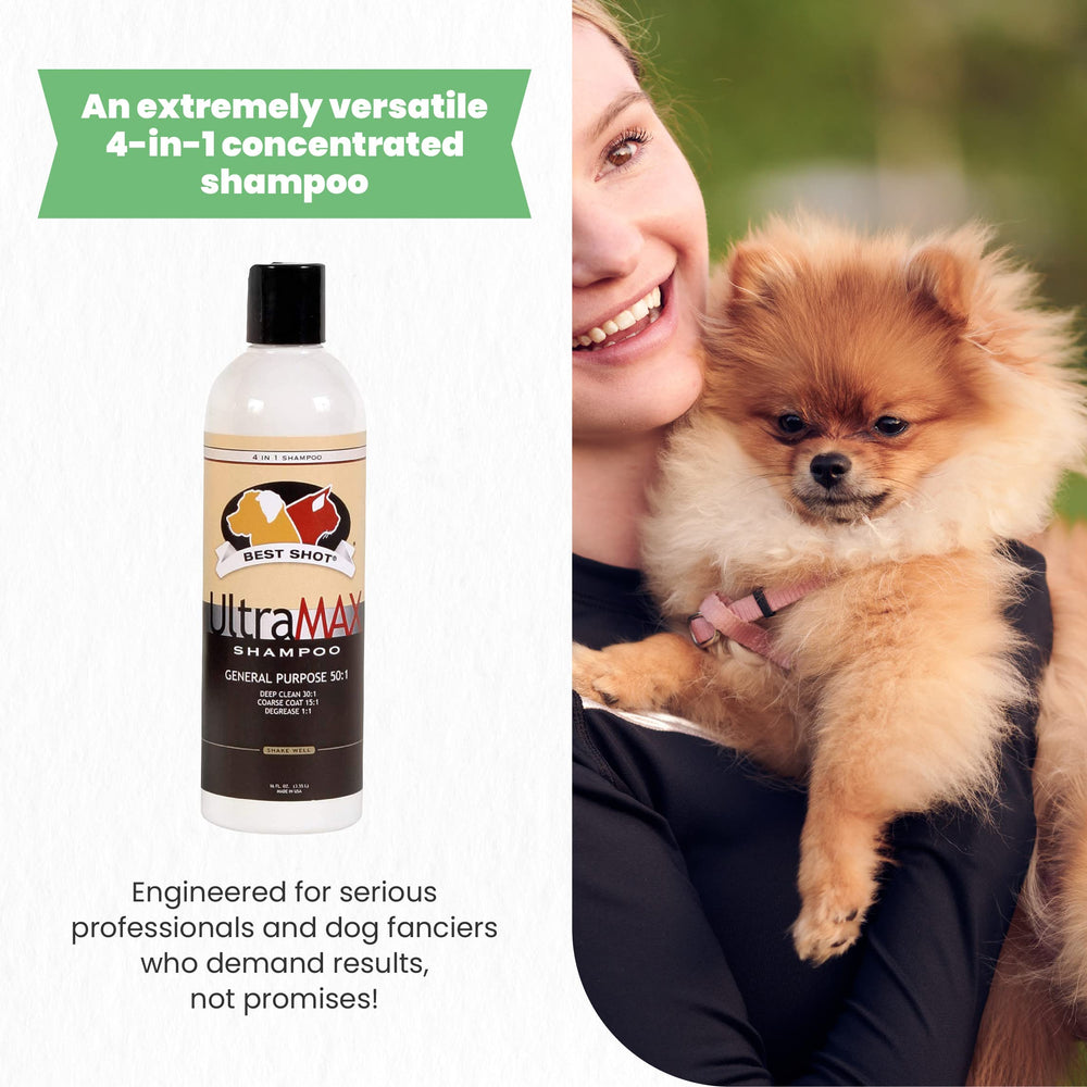 Champú Ultramax Pro 4 en 1 para pelajes ásperos, limpieza profunda.