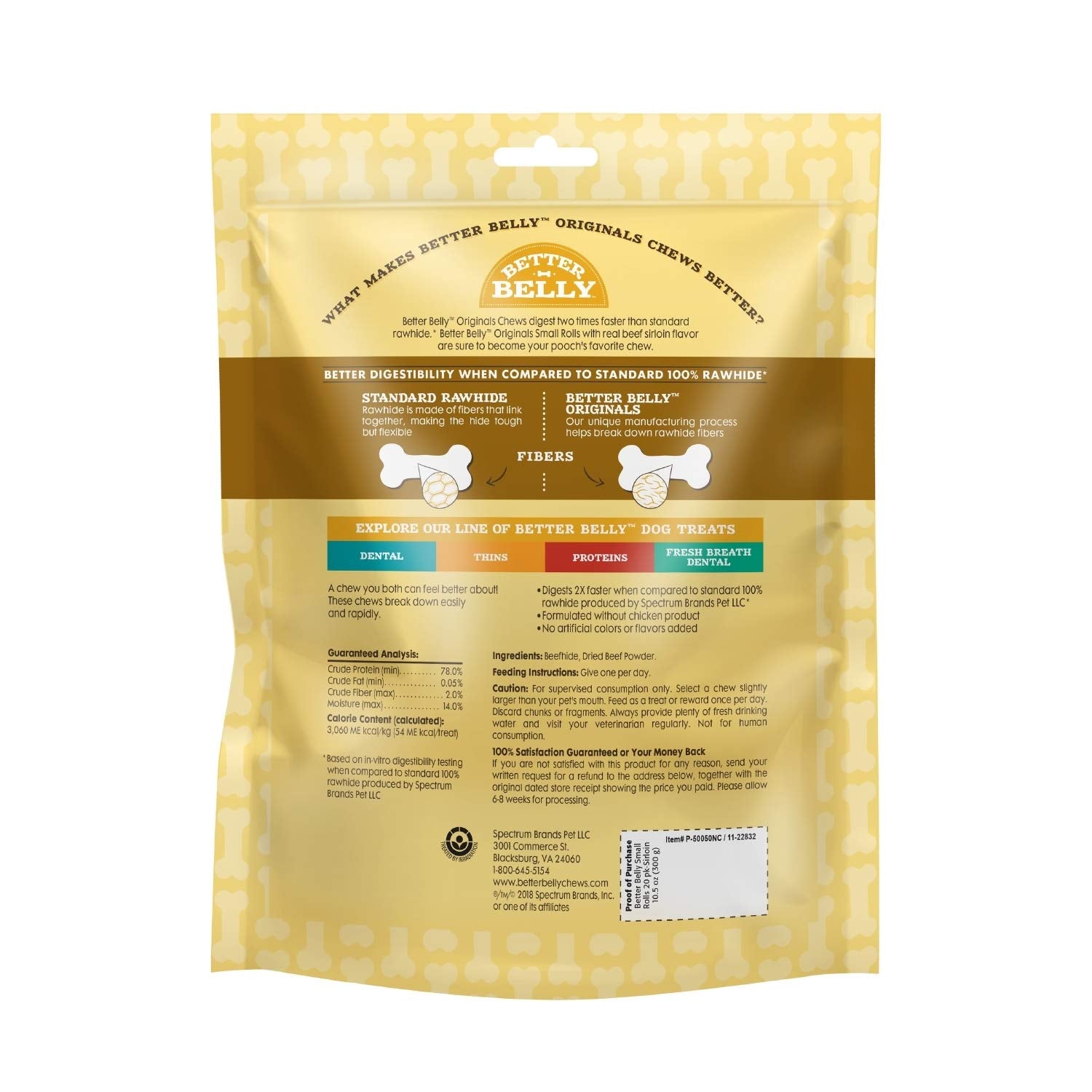 Better Belly Originals empaque de masticables para perros, ideal para compra y almacenamiento.
