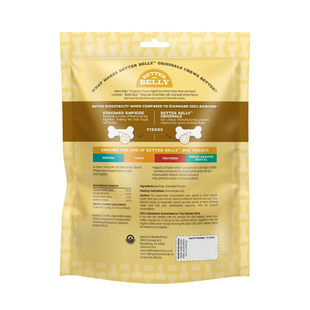 Better Belly Originals empaque de masticables para perros, ideal para compra y almacenamiento.