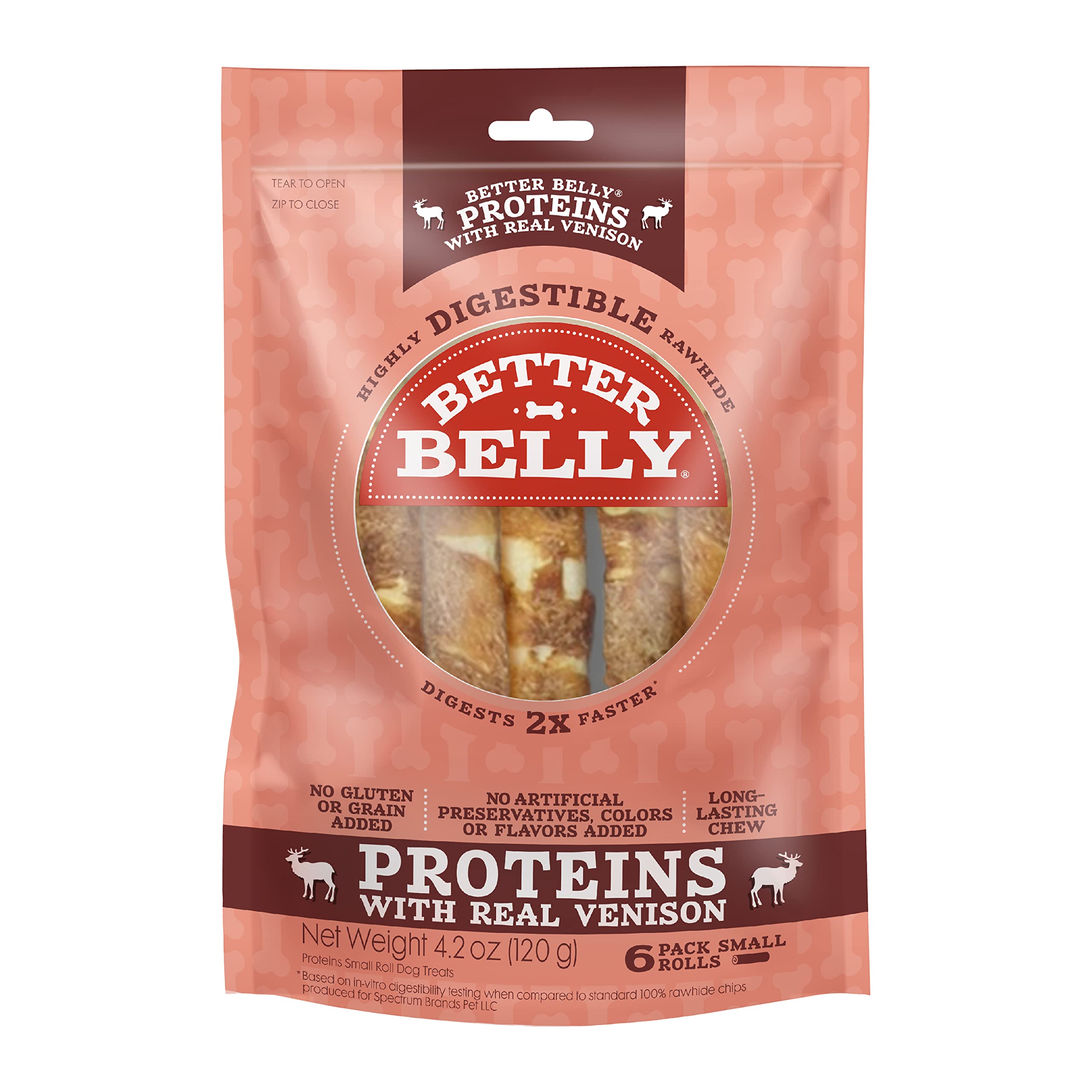 Better Belly Proteins venison rolls pack; highly digestible chew for dogs.