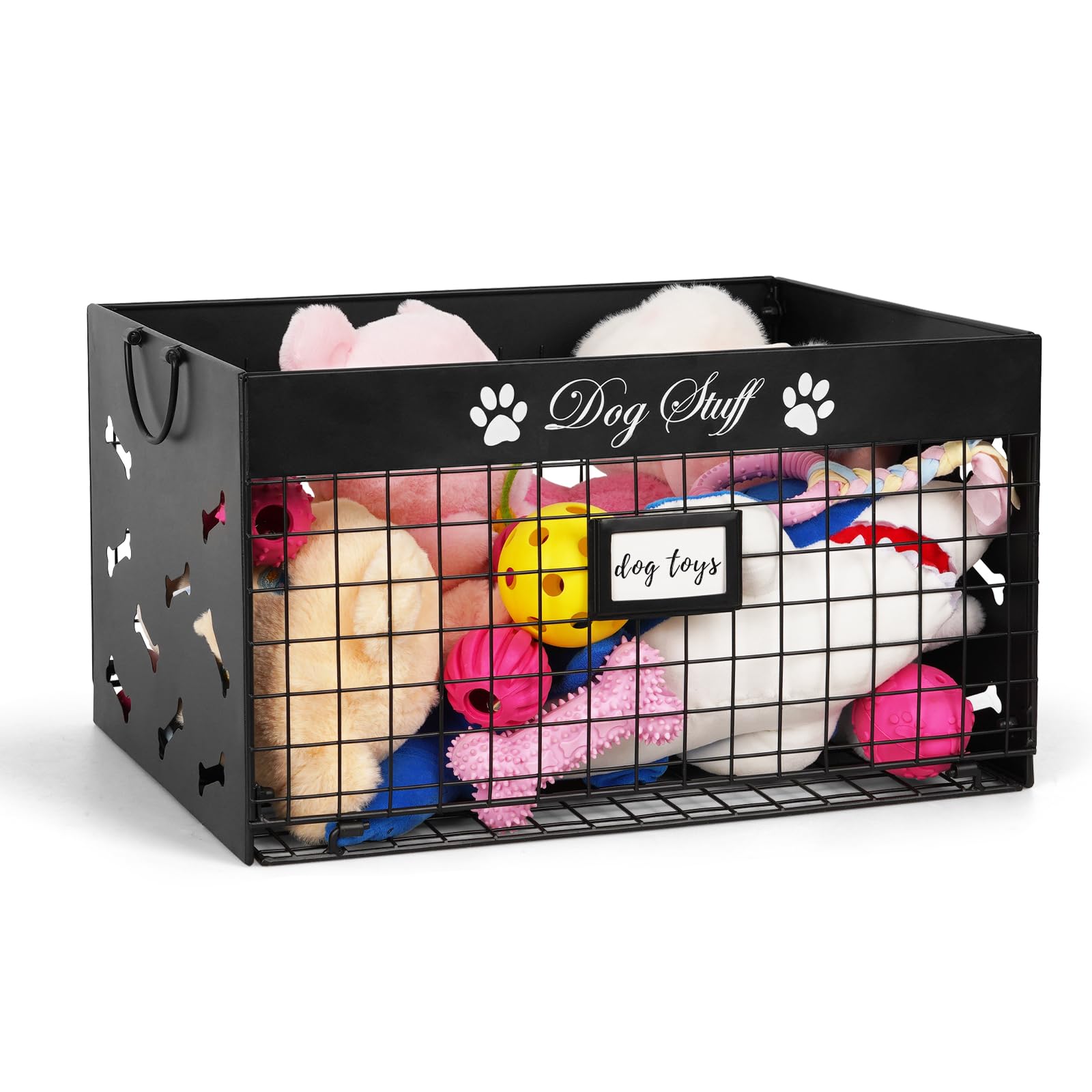 Cesto de Juguetes Bfttlity para perros grande con asas y etiqueta personalizable en sala.