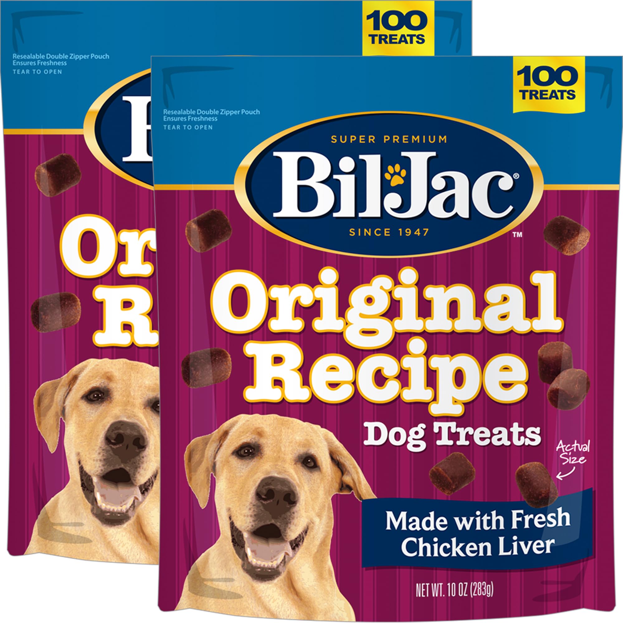 Bil-Jac Original Receta frente al empaque, premio delicioso para entrenamiento diario.