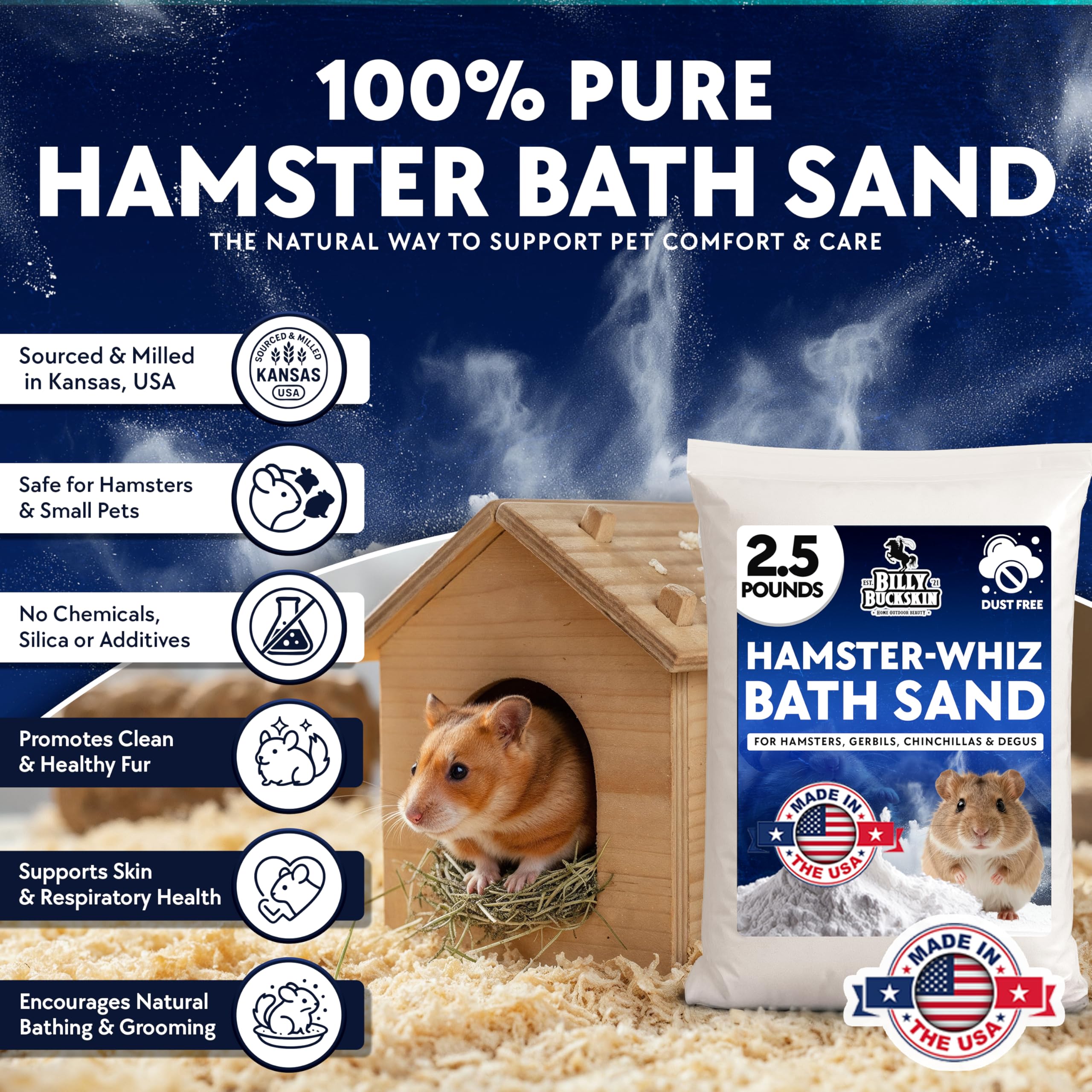 Billy Buckskin hámster sin polvo, arena natural para higiene diaria