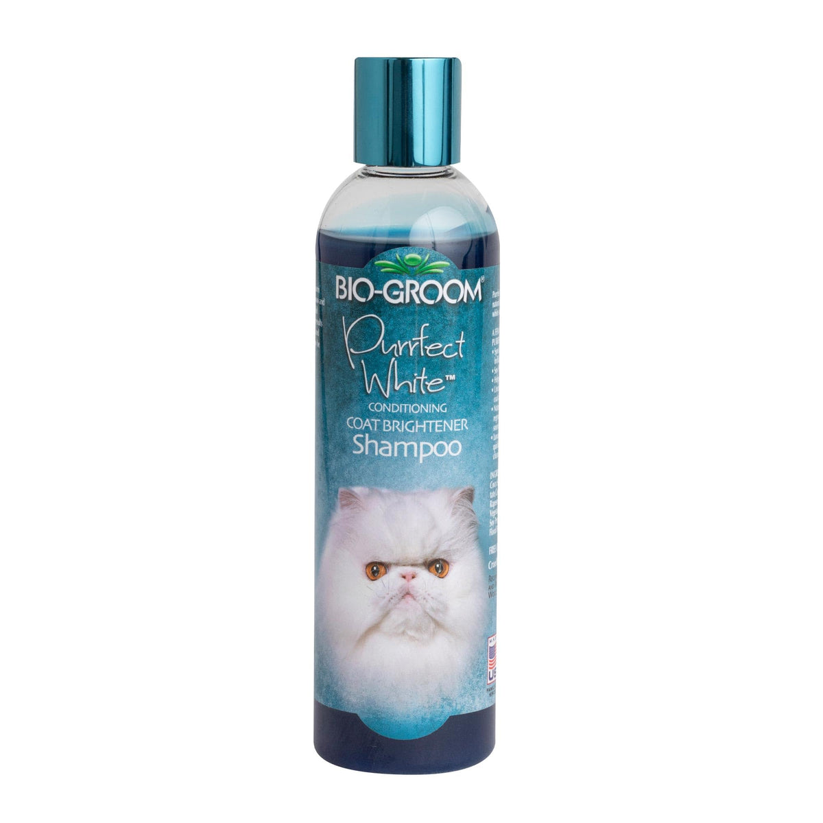 Bio-groom Purrfect White: botella de champú realza el pelaje claro de gatos.