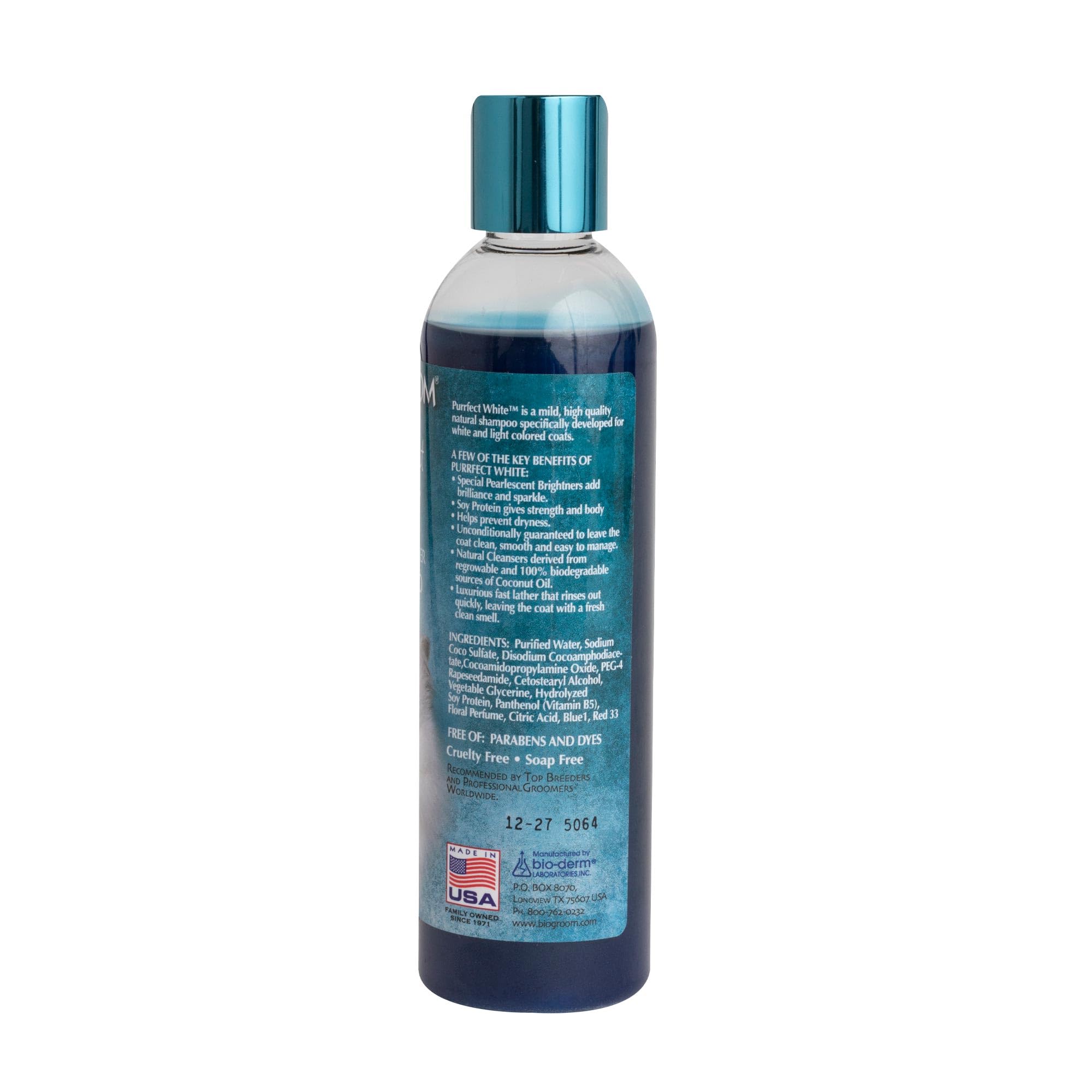 Bio-groom Purrfect White: etiqueta clara con información de ingredientes sostenibles.