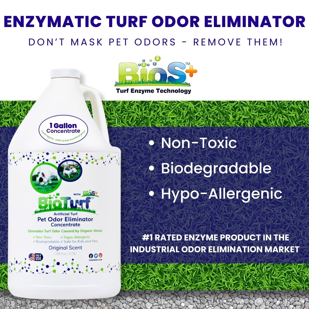 BioTurf BioS+ aplicado en césped artificial para eliminar olores.