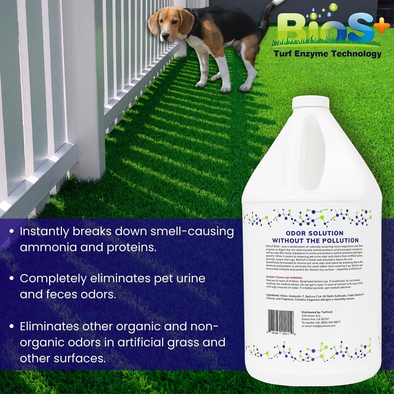 BioTurf BioS+ en área de jaula para perros, reduce olores naturalmente.