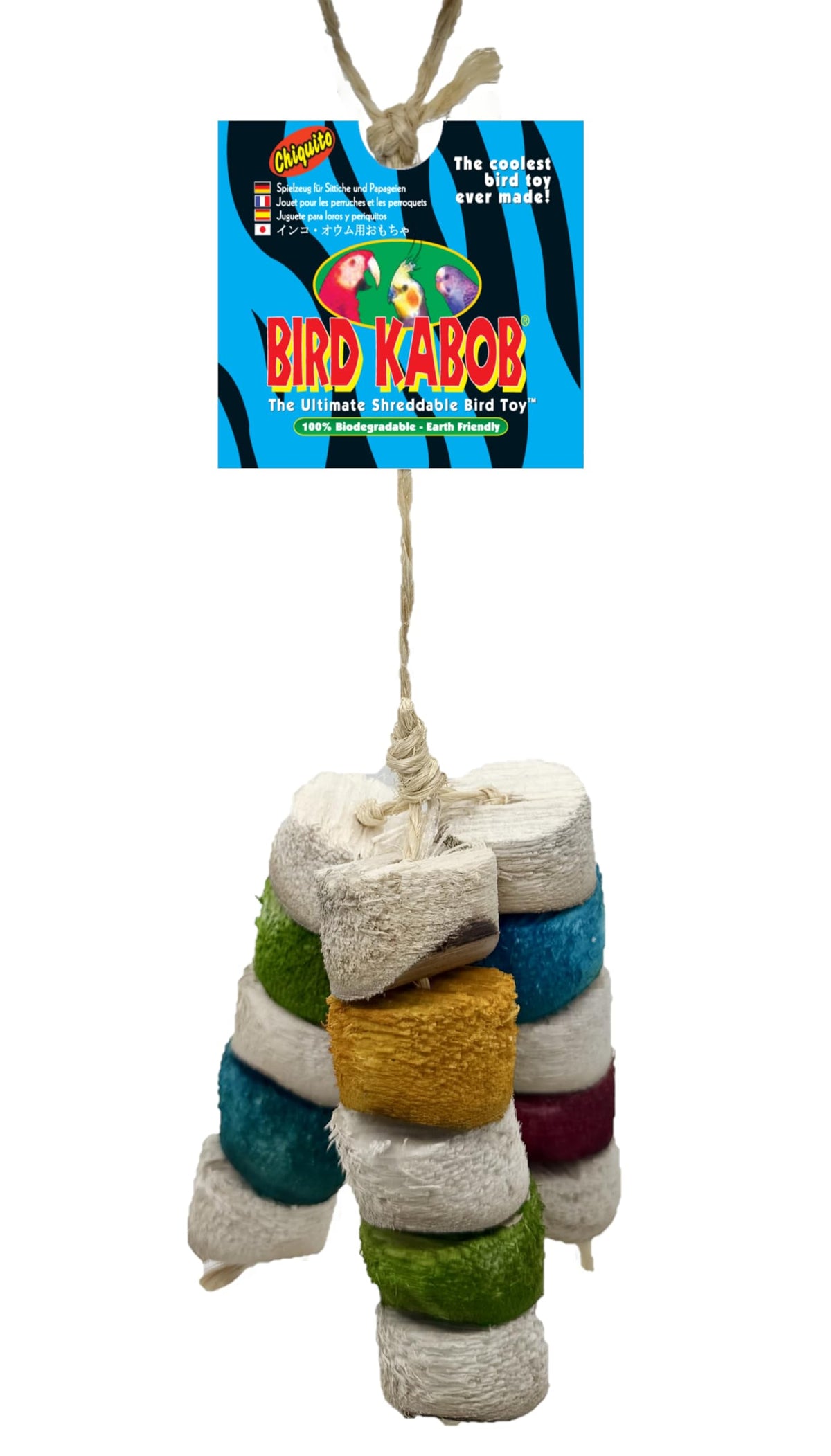 Bird Kabob: juguete masticable chiquito para aves que promueve juego seguro y estimulación.