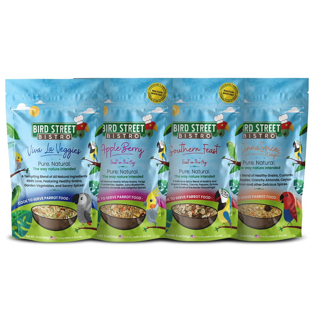 Bird Street Bistro muestra un pack de 4 alimentos para loros, listo para probar sabores.