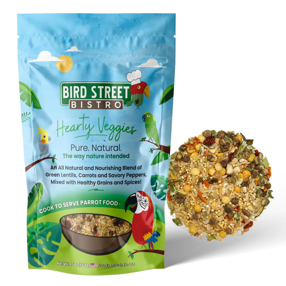 Bird Street Bistro Alimento para loros, verduras enteras para dieta balanceada.