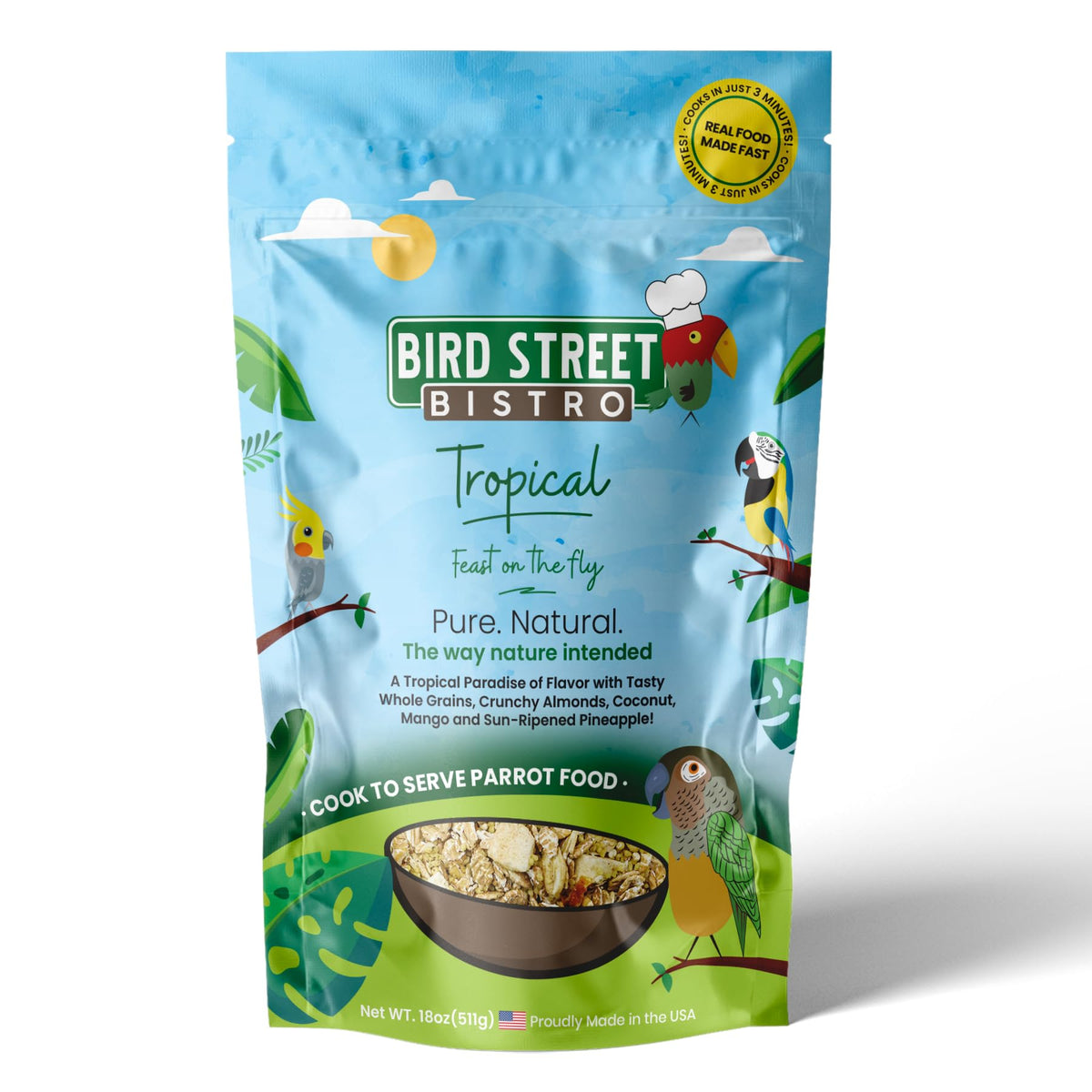 Bird Street Bistro alimento para periquitos y cacatúas, enfoque tropical para la alimentación diaria.