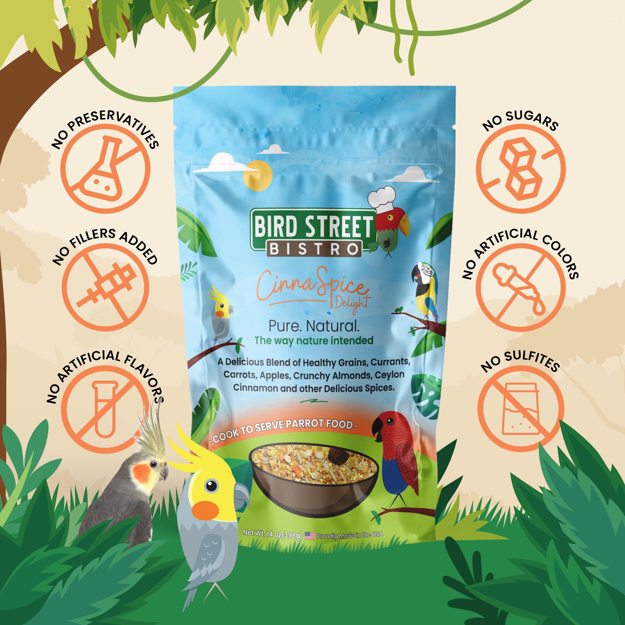 Bird Street Bistro CinnaSpice, frutas secas en la mezcla, sabor natural y nutrientes.