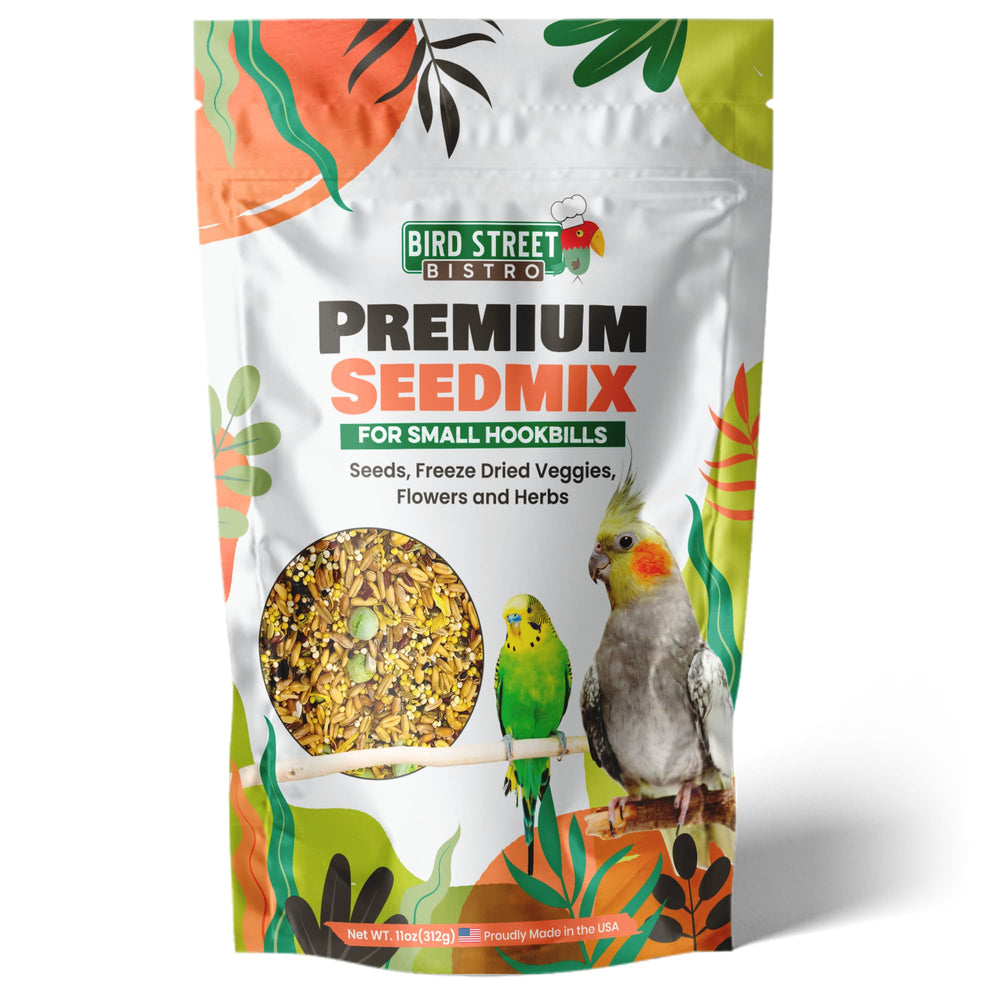 Envase Bird Street Bistro de 11oz para loros, ideal para enriquecer el forraje diario.