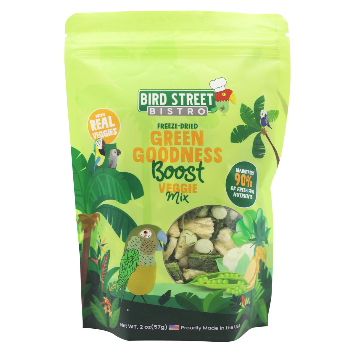 Bird Street Bistro Green Goodness en lata, snack natural para aves, ideal para entrenamiento diario.