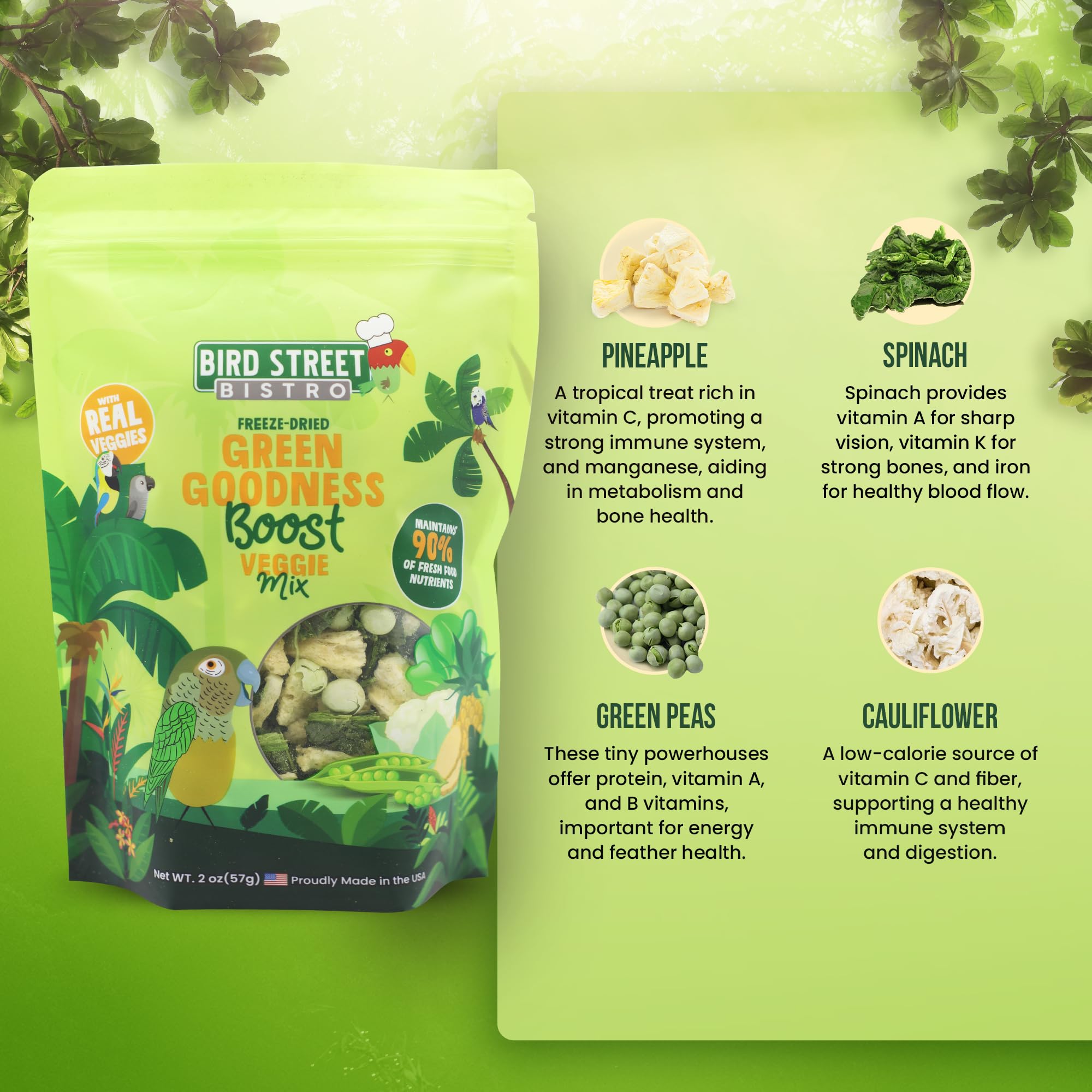 Bird Street Bistro Green Goodness, ingredientes naturales destacados para aves curiosas.