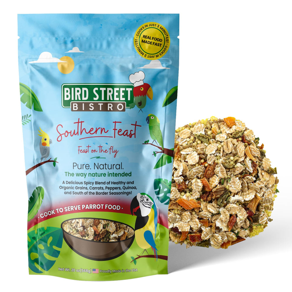 Bird Street Bistro Southern Feast 20oz: empaque práctico para loros pequeños.