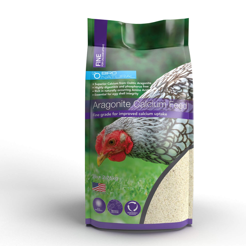 BirdNatural Aragonita Calcio para Aves Feed Fine 5 Libras en bolsa, mezcla fácil para aves.