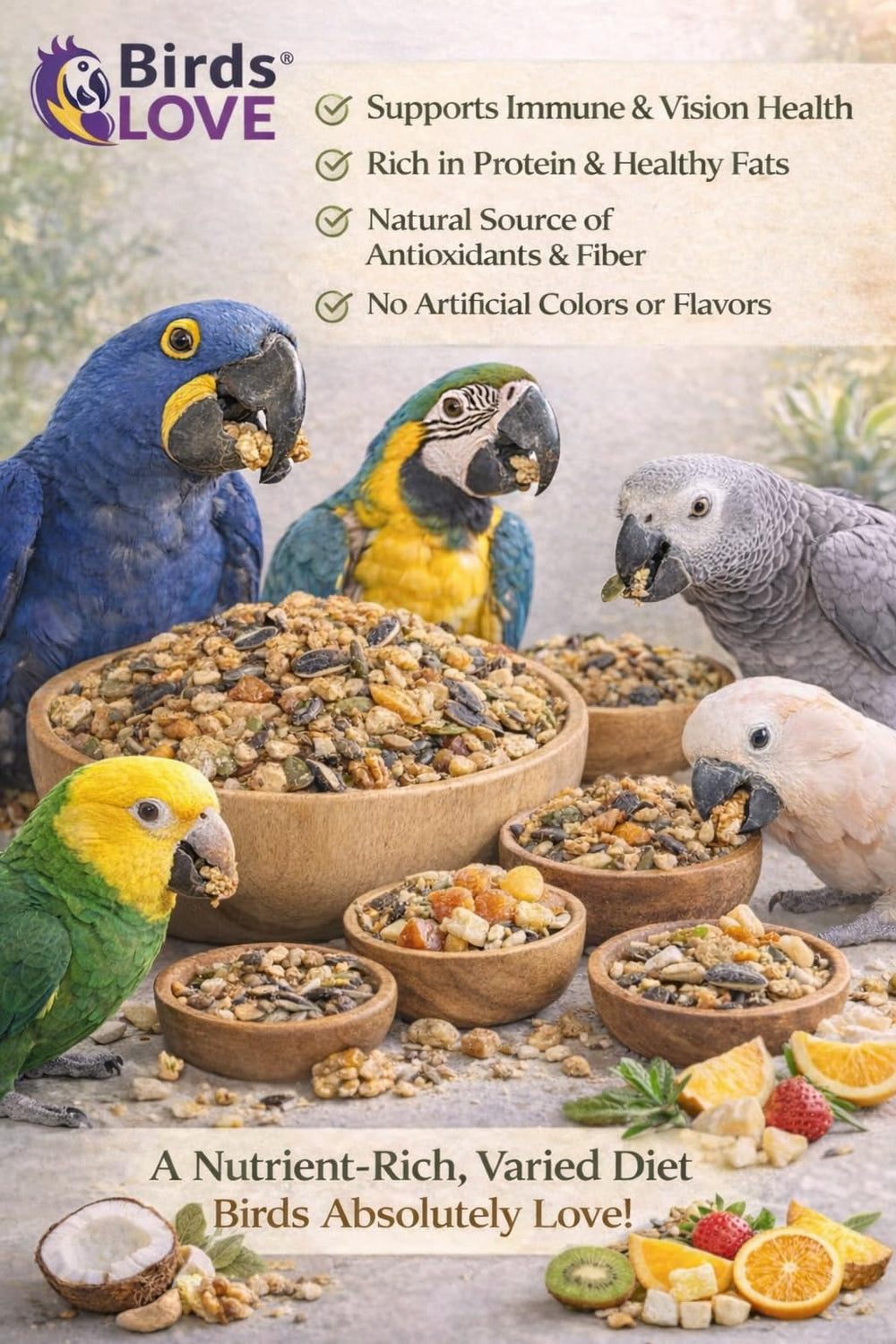 Birds LOVE producto natural, sin conservantes, ideal para dieta equilibrada